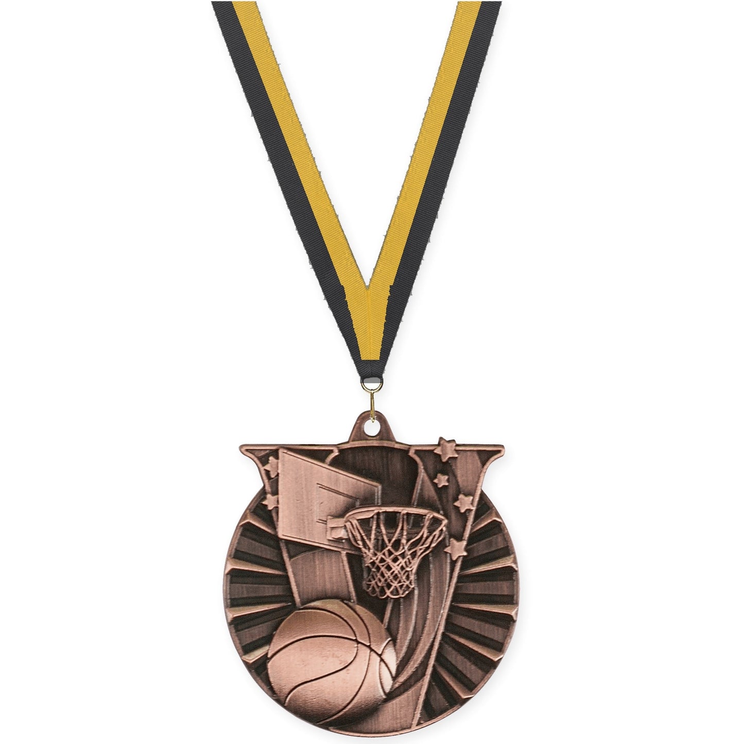 2 inch basketball Victory medal in antique bronze with Black Gold neck ribbon