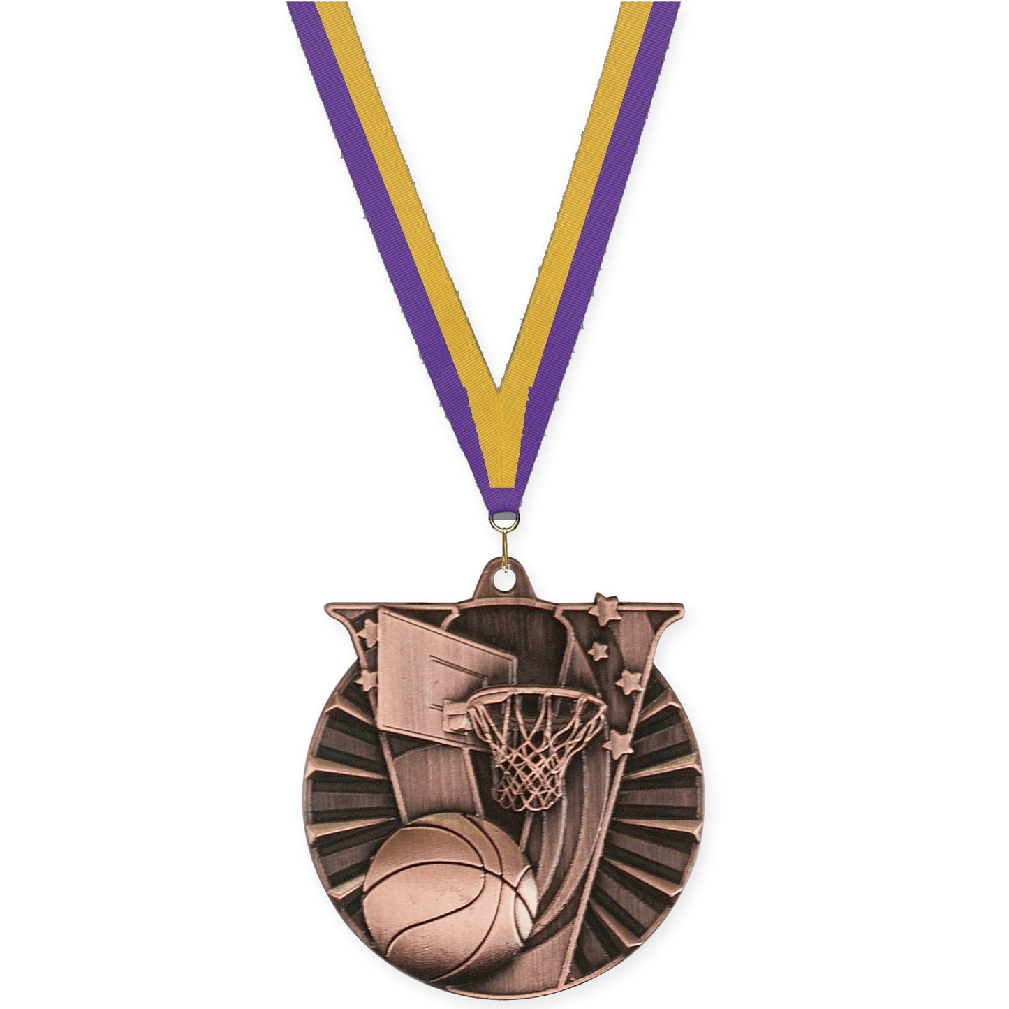 2 inch basketball Victory medal in antique bronze with Purple Gold neck ribbon
