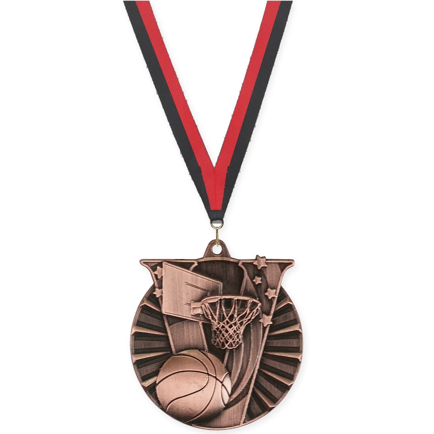 2 inch basketball Victory medal in antique bronze with Black Red neck ribbon