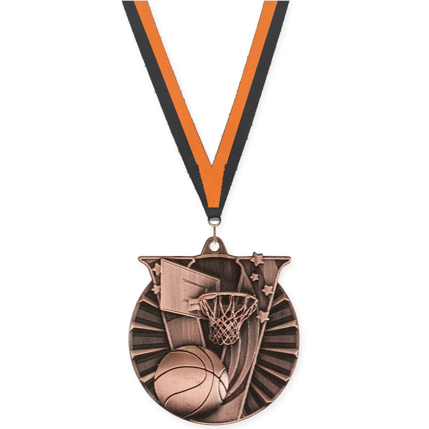 2 inch basketball Victory medal in antique bronze with Black Orange neck ribbon