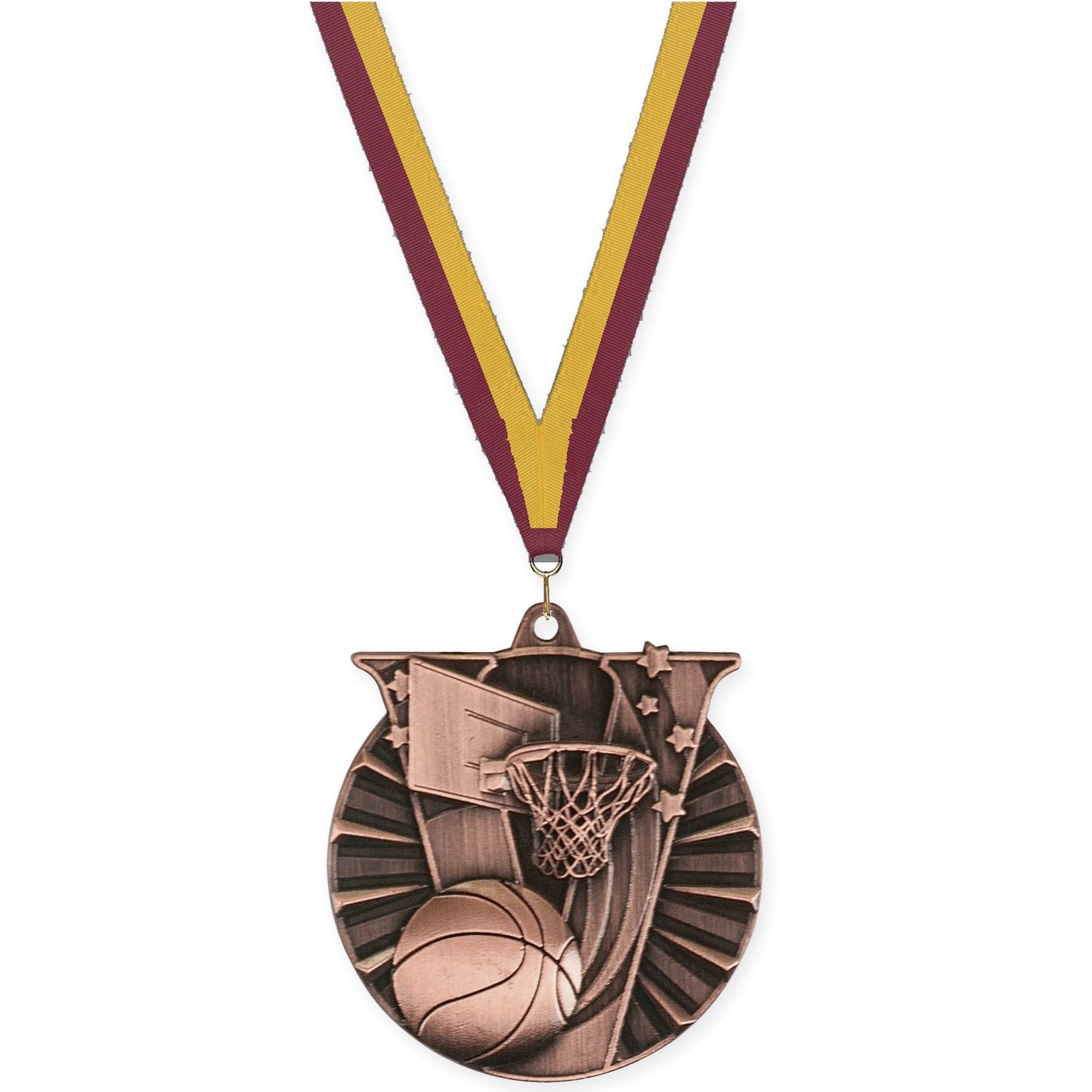 2 inch basketball Victory medal in antique bronze with Maroon Gold neck ribbon