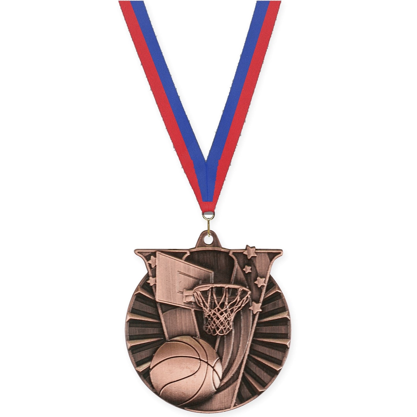 2 inch basketball Victory medal in antique bronze with Blue Red neck ribbon