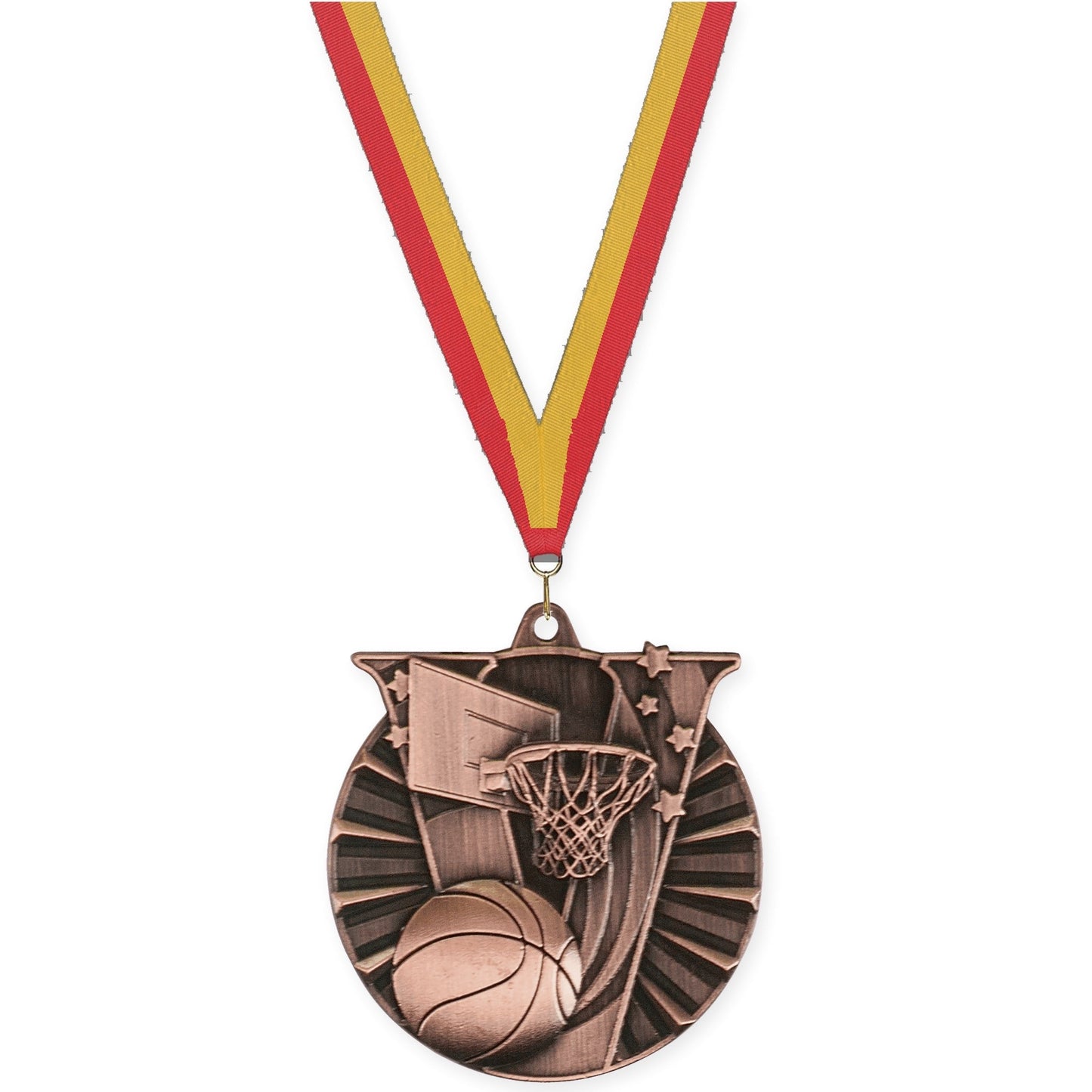 2 inch basketball Victory medal in antique bronze with Red Gold neck ribbon