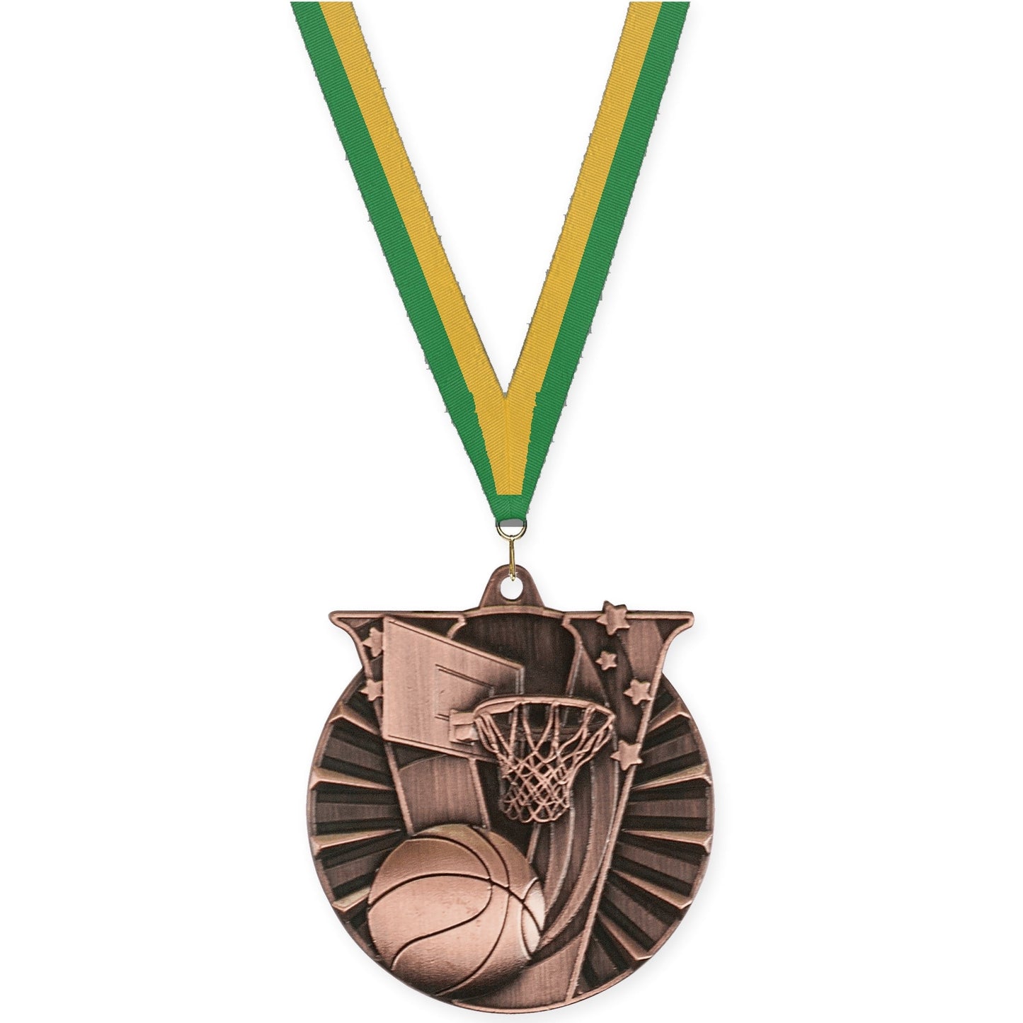 2 inch basketball Victory medal in antique bronze with Green Gold neck ribbon