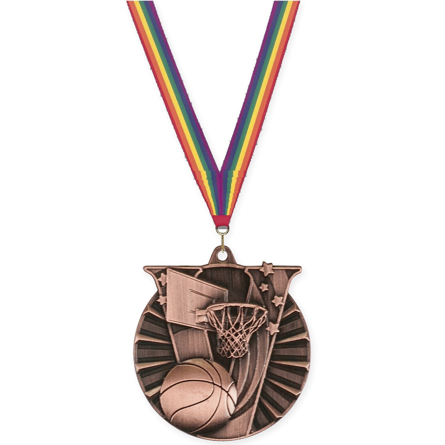 2 inch basketball Victory medal in antique bronze with Rainbow neck ribbon