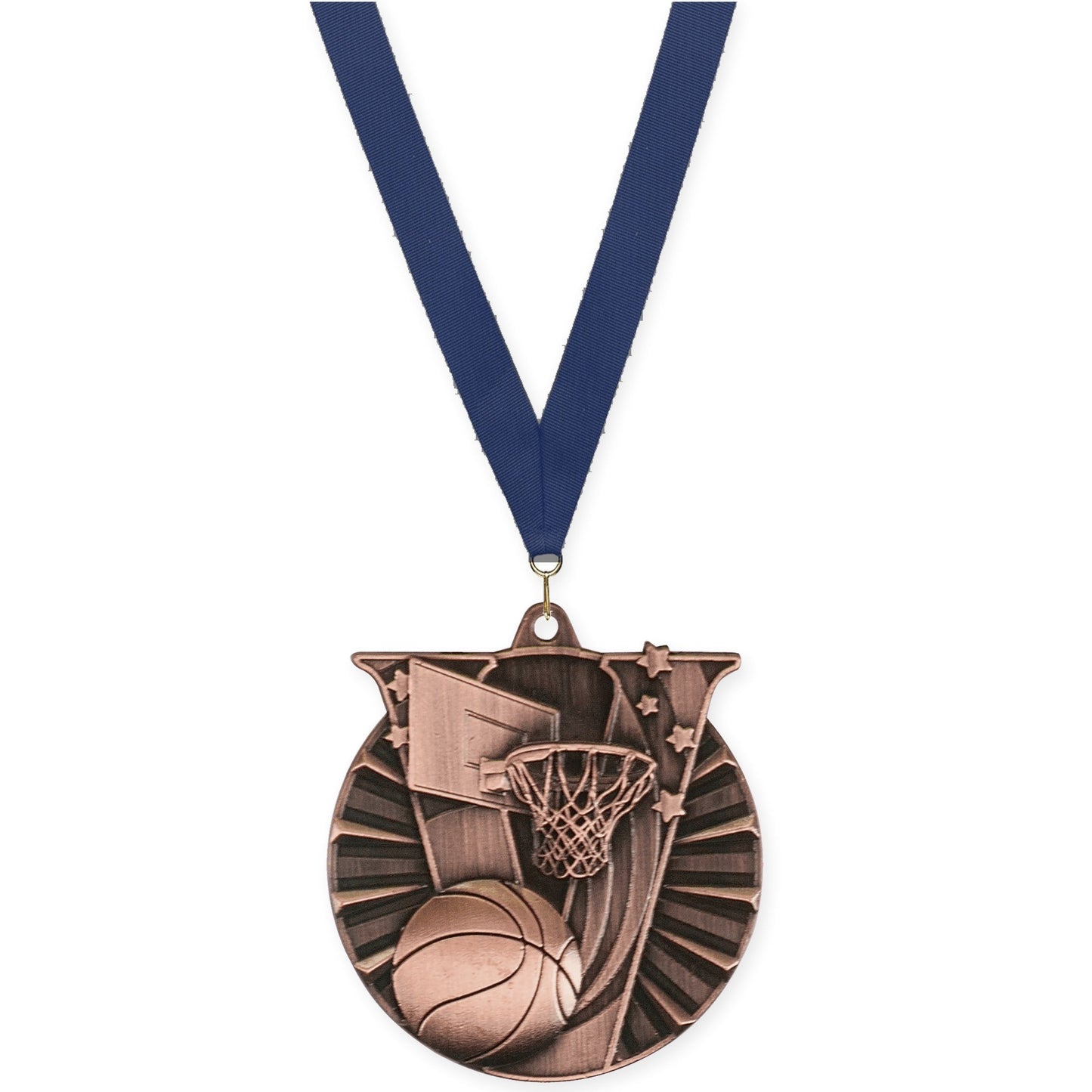 2 inch basketball Victory medal in antique bronze with Navy neck ribbon