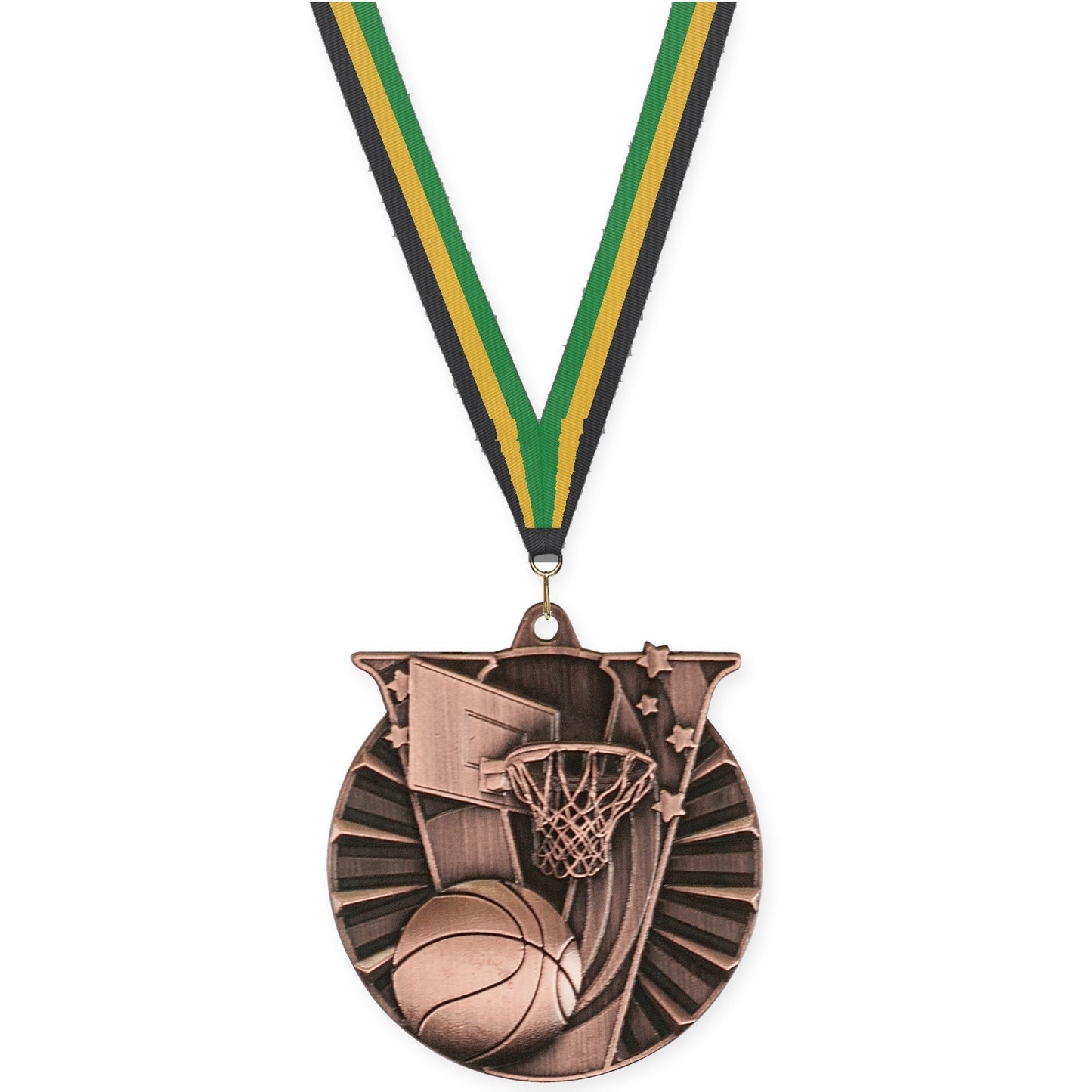 2 inch basketball Victory medal in antique bronze with Black Gold Green neck ribbon
