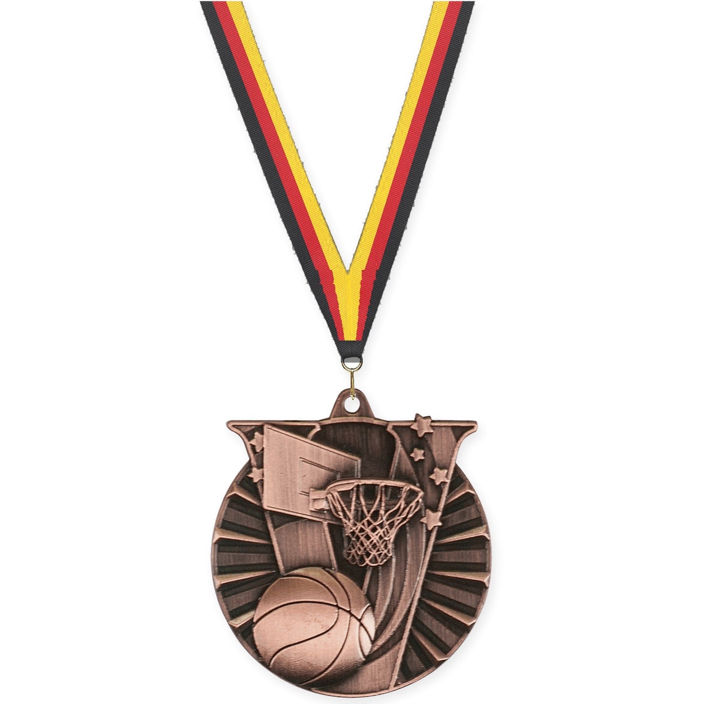 2 inch basketball Victory medal in antique bronze with Black Red Yellow neck ribbon