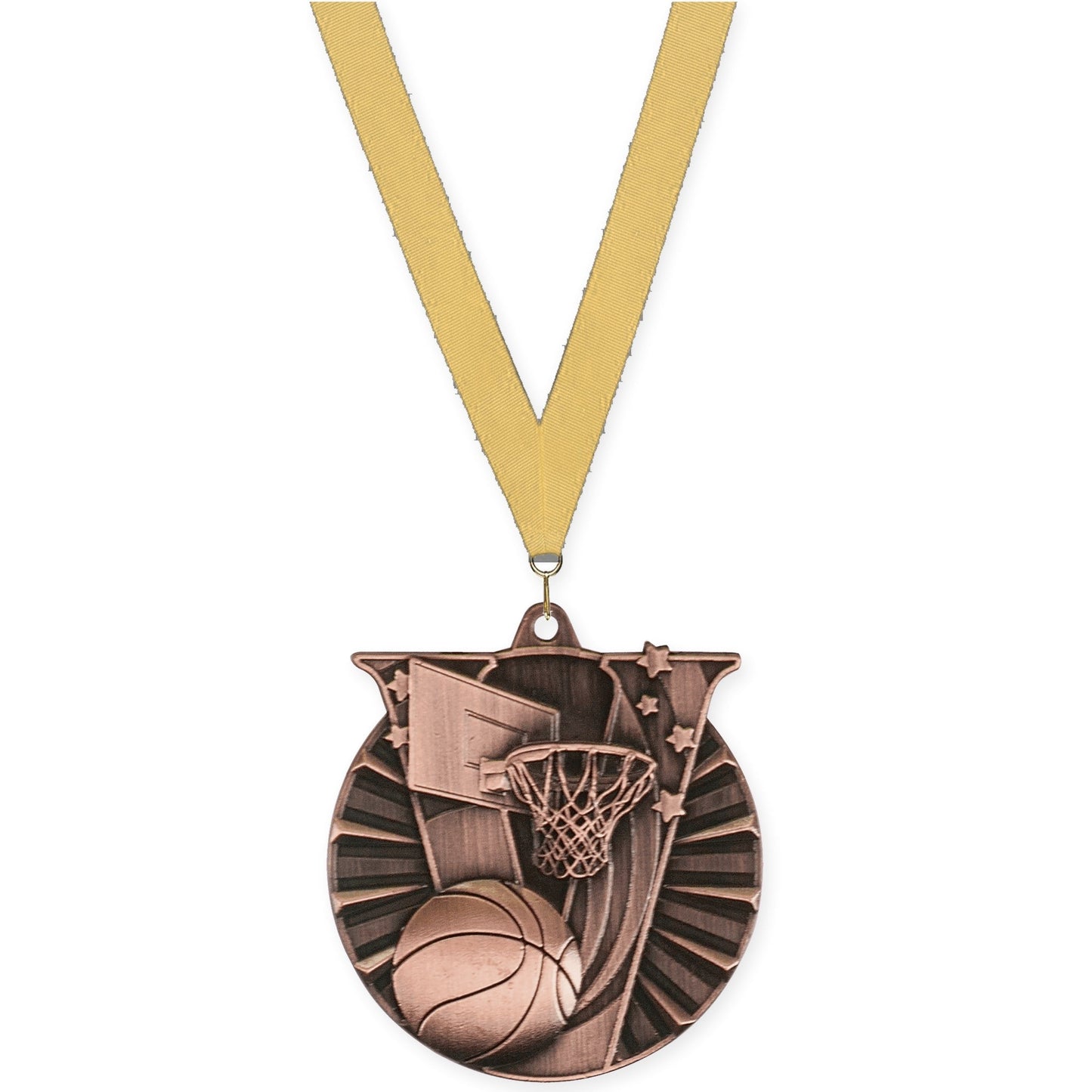 2 inch basketball Victory medal in antique bronze with Gold Metallic neck ribbon