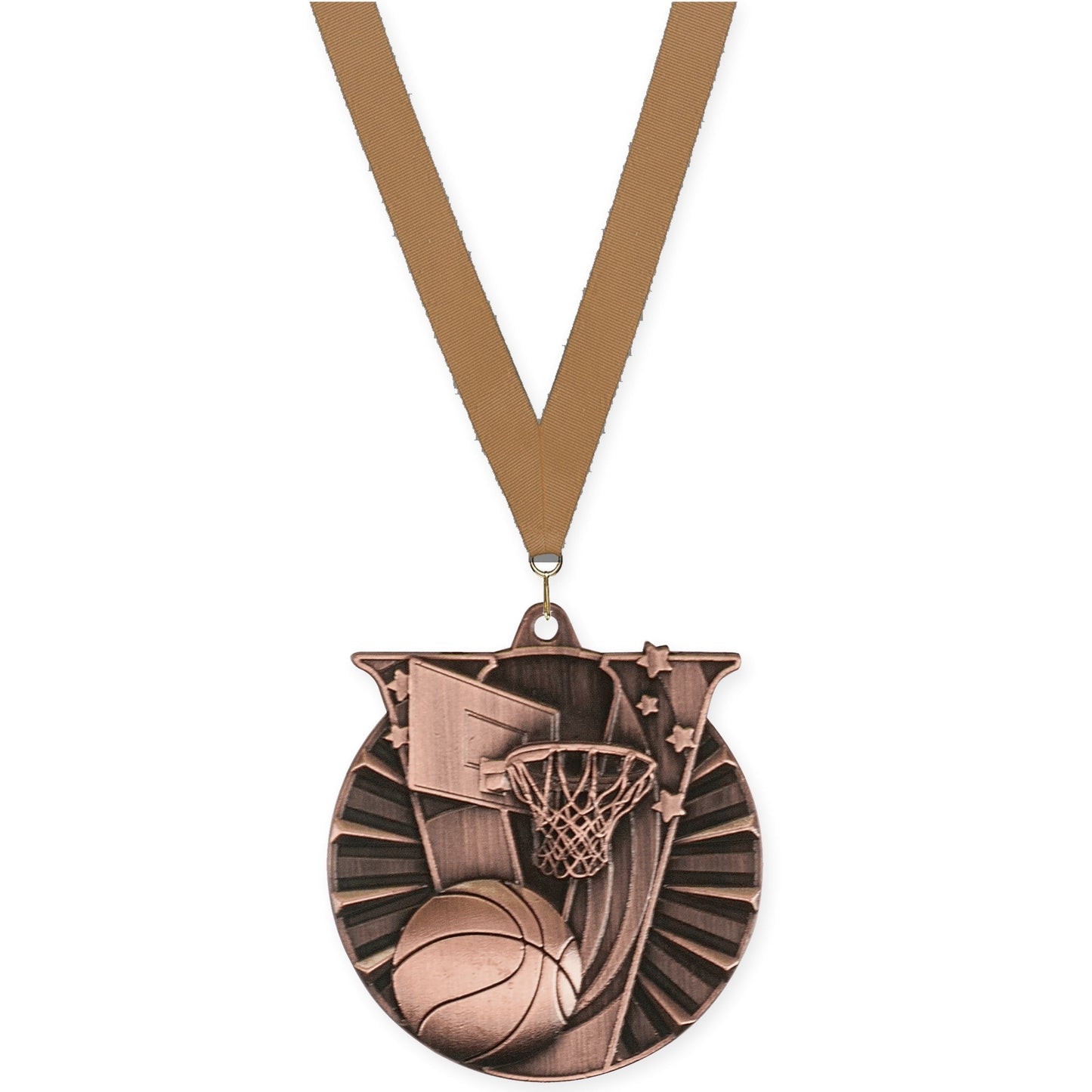2 inch basketball Victory medal in antique bronze with Bronze Metallic neck ribbon