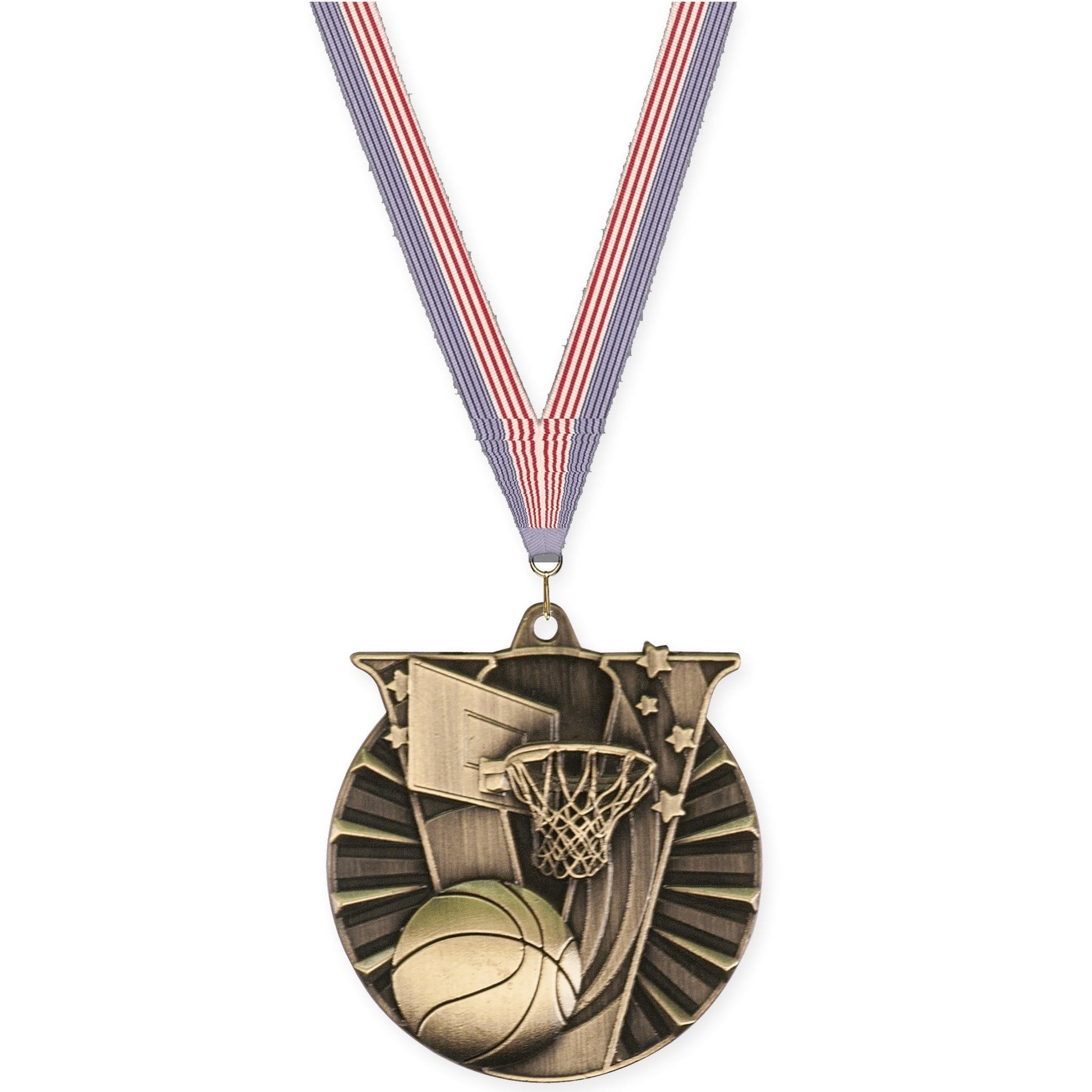 2 inch basketball Victory medal in antique gold with USA Flag neck ribbon