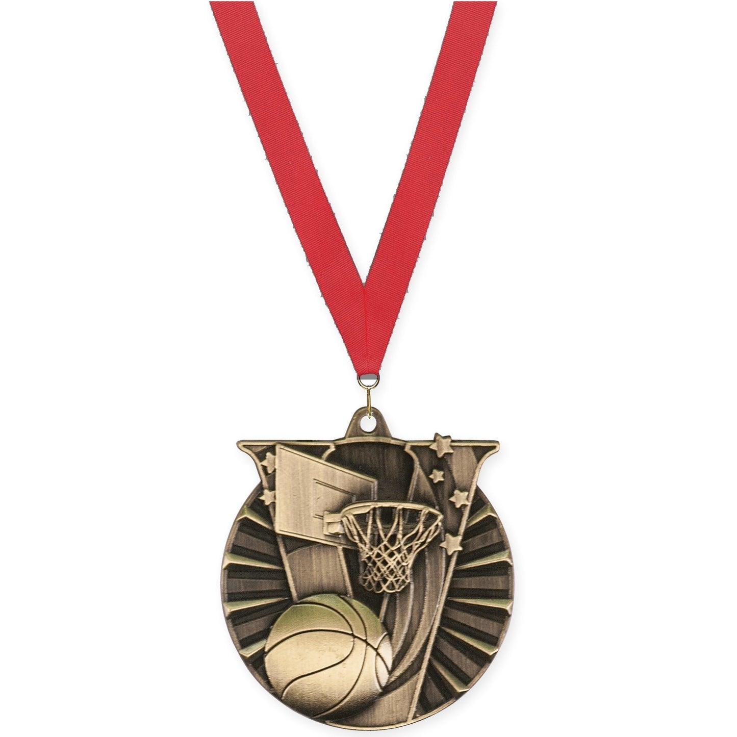 2 inch basketball Victory medal in antique gold with Red neck ribbon