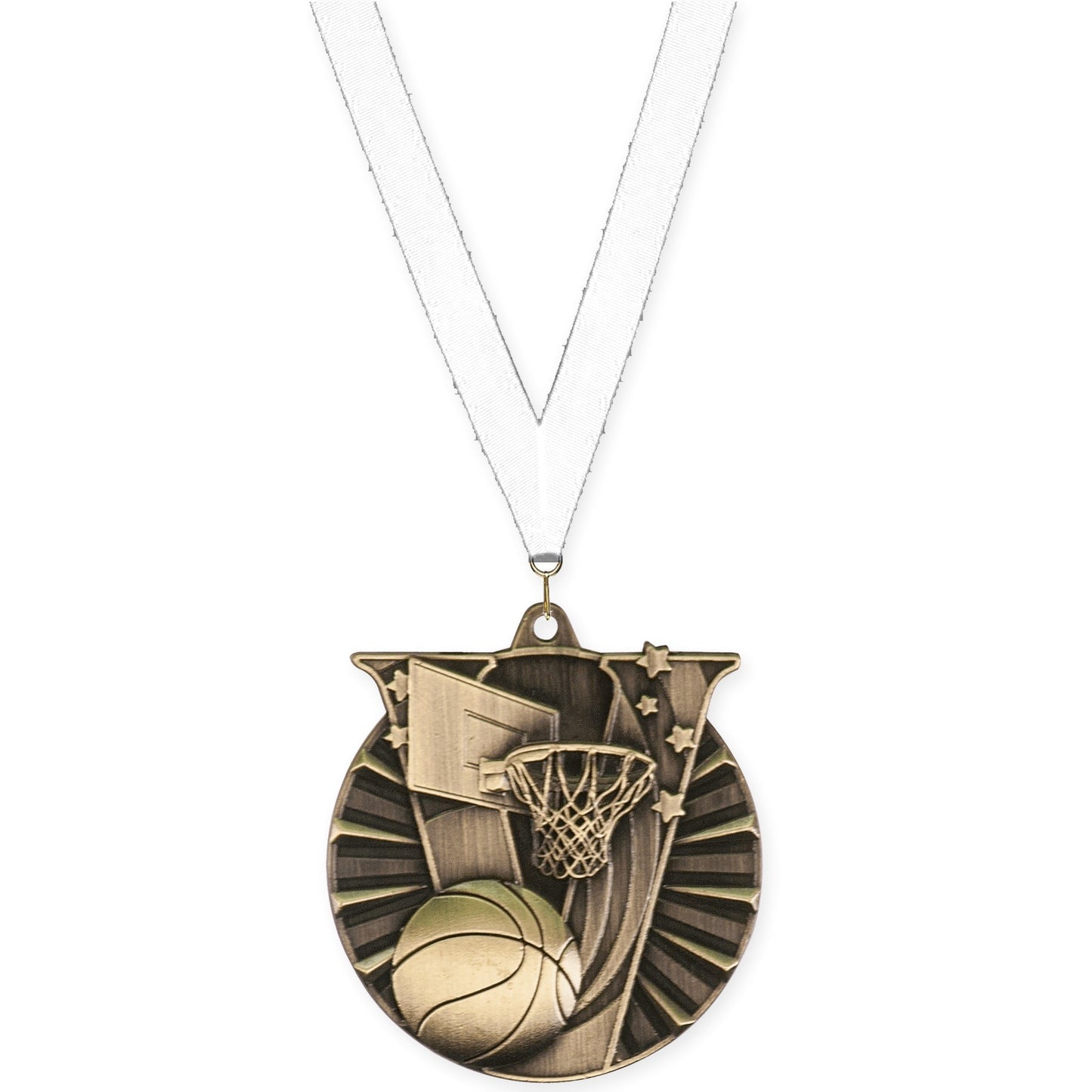 2 inch basketball Victory medal in antique gold with White neck ribbon