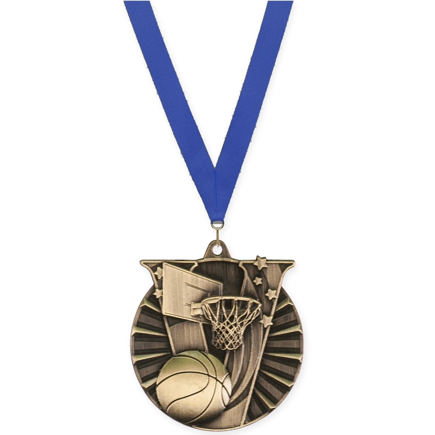 2 inch basketball Victory medal in antique gold with Blue neck ribbon