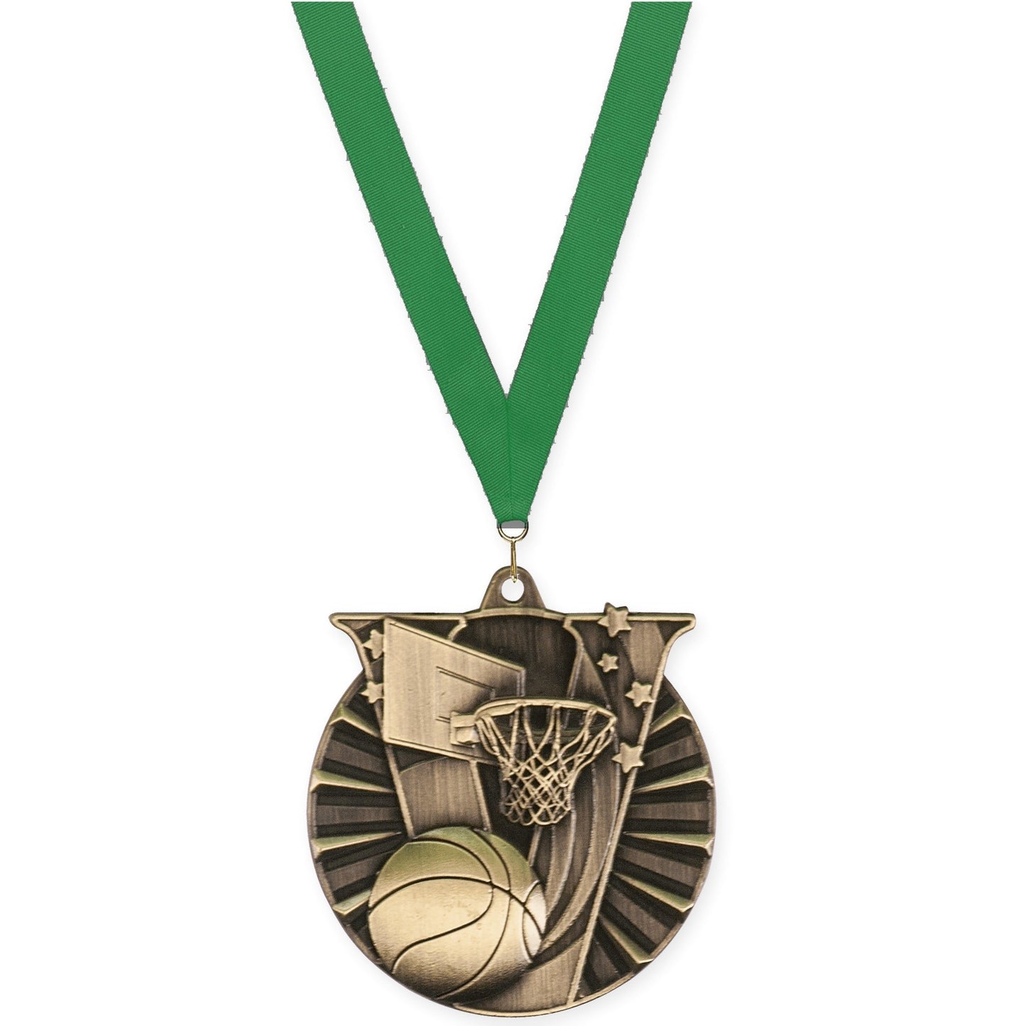 2 inch basketball Victory medal in antique gold with Green neck ribbon