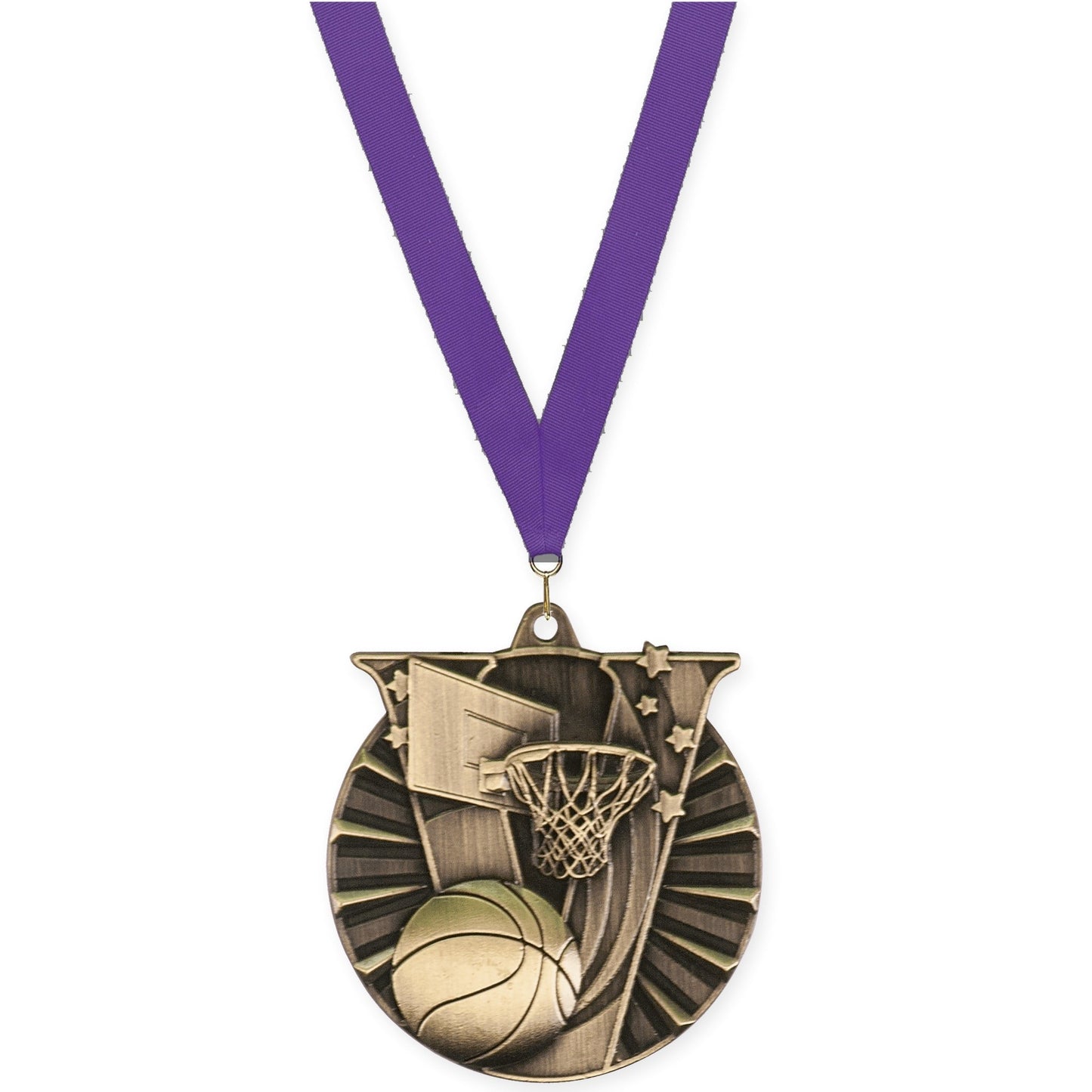 2 inch basketball Victory medal in antique gold with Purple neck ribbon