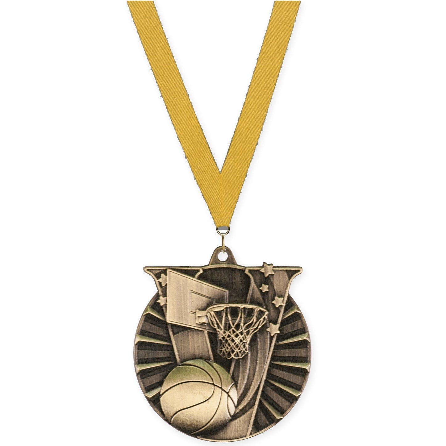 2 inch basketball Victory medal in antique gold with Gold neck ribbon