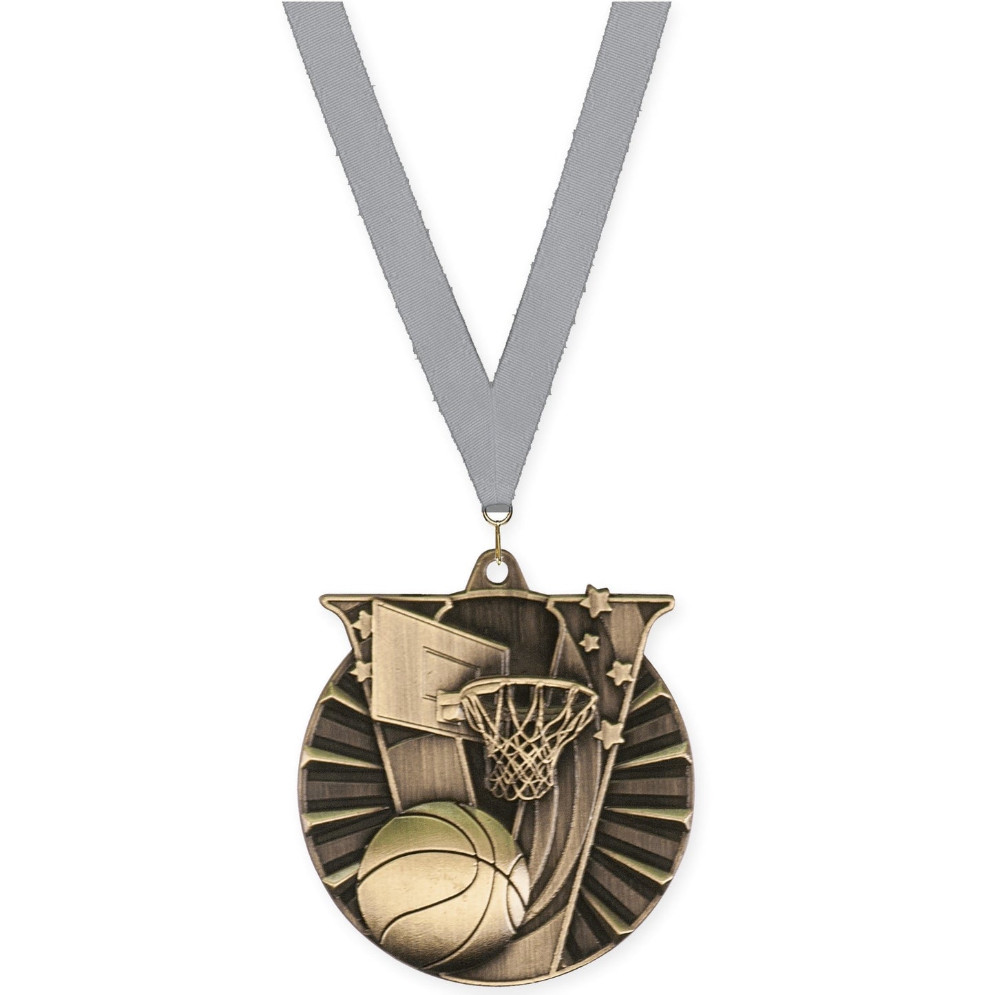 2 inch basketball Victory medal in antique gold with Gray neck ribbon