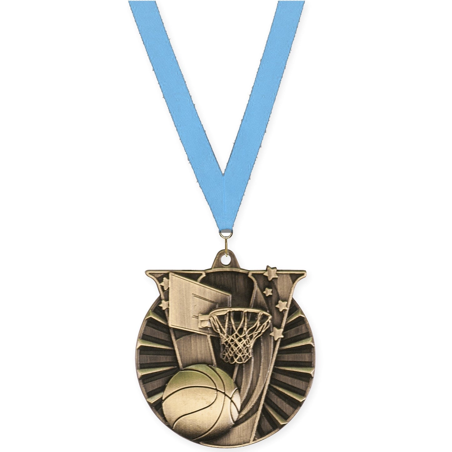 2 inch basketball Victory medal in antique gold with Light Blue neck ribbon