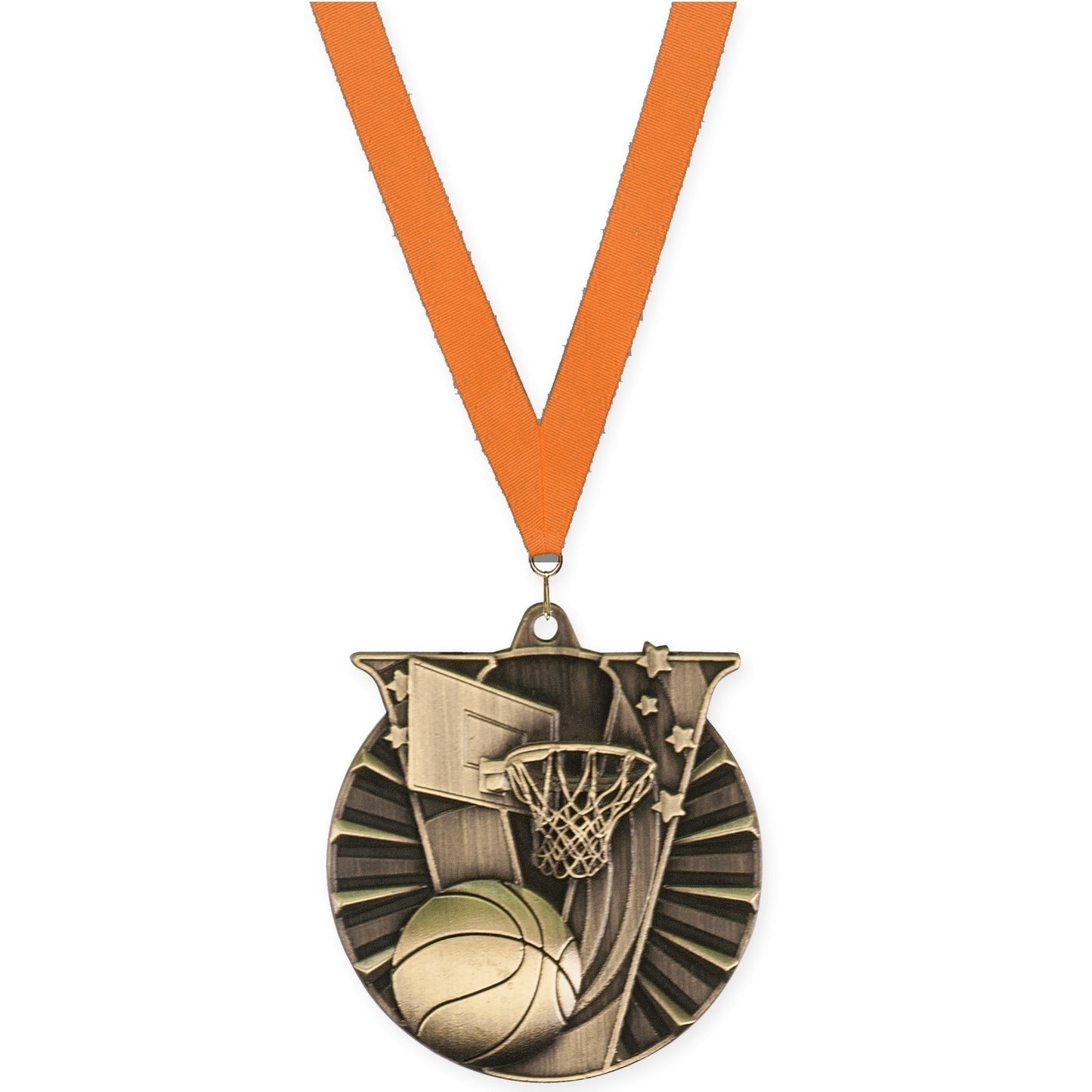 2 inch basketball Victory medal in antique gold with Orange neck ribbon
