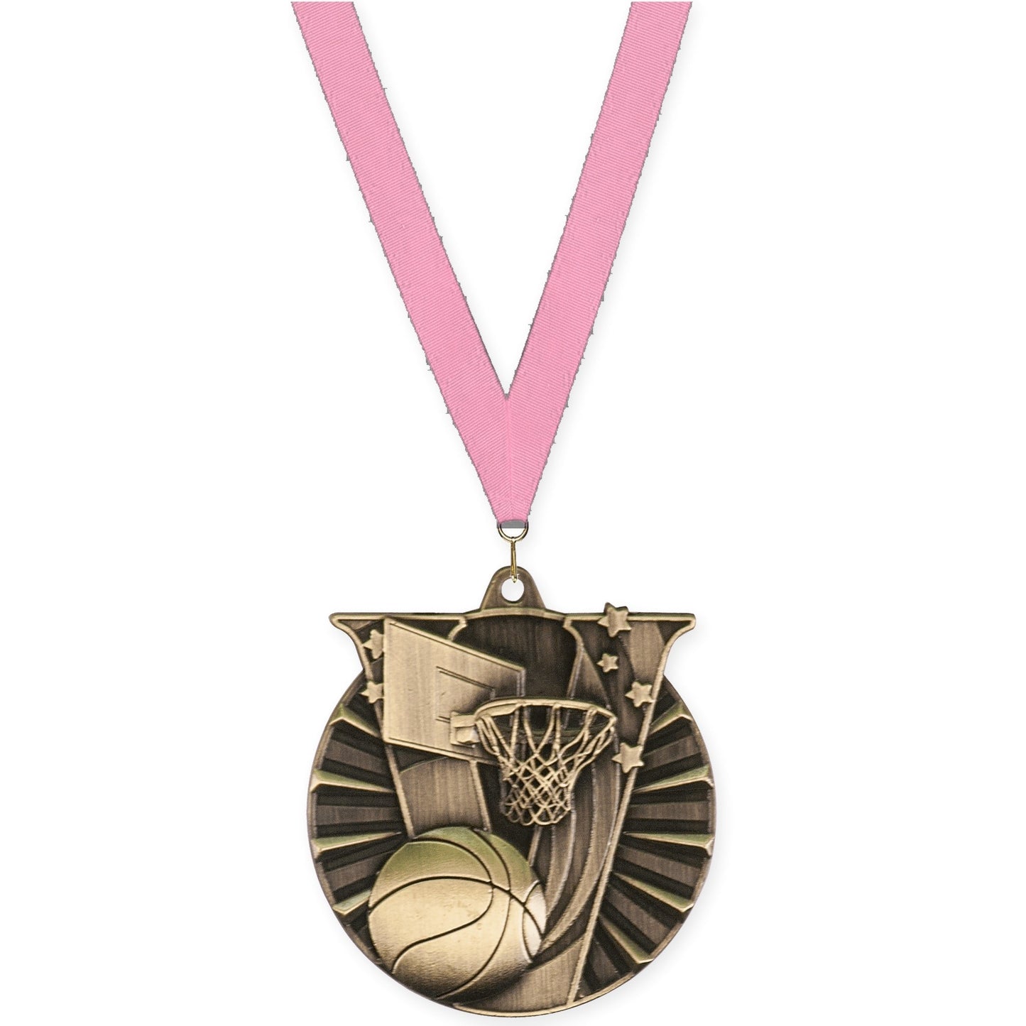 2 inch basketball Victory medal in antique gold with Pink neck ribbon
