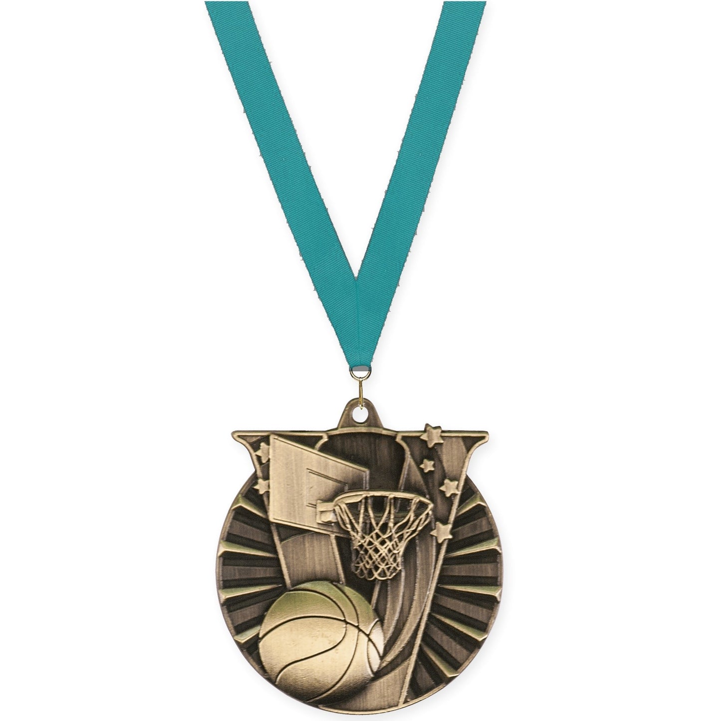 2 inch basketball Victory medal in antique gold with Teal neck ribbon