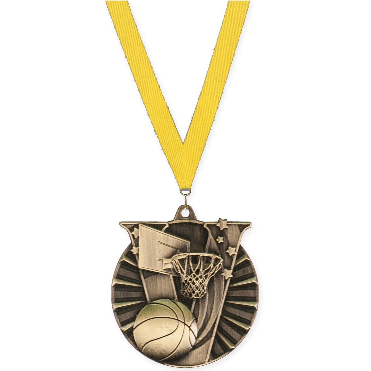 2 inch basketball Victory medal in antique gold with Yellow neck ribbon
