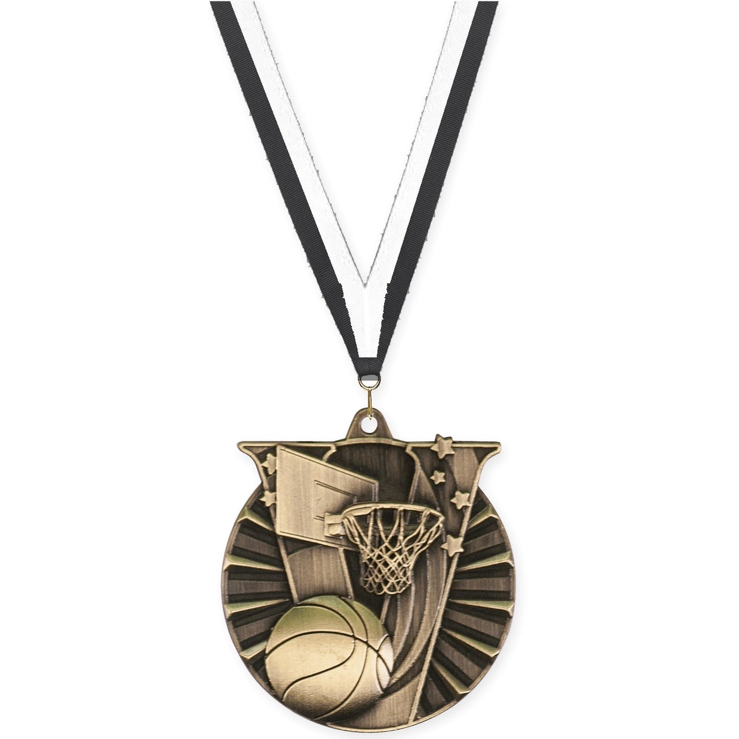 2 inch basketball Victory medal in antique gold with Black White neck ribbon