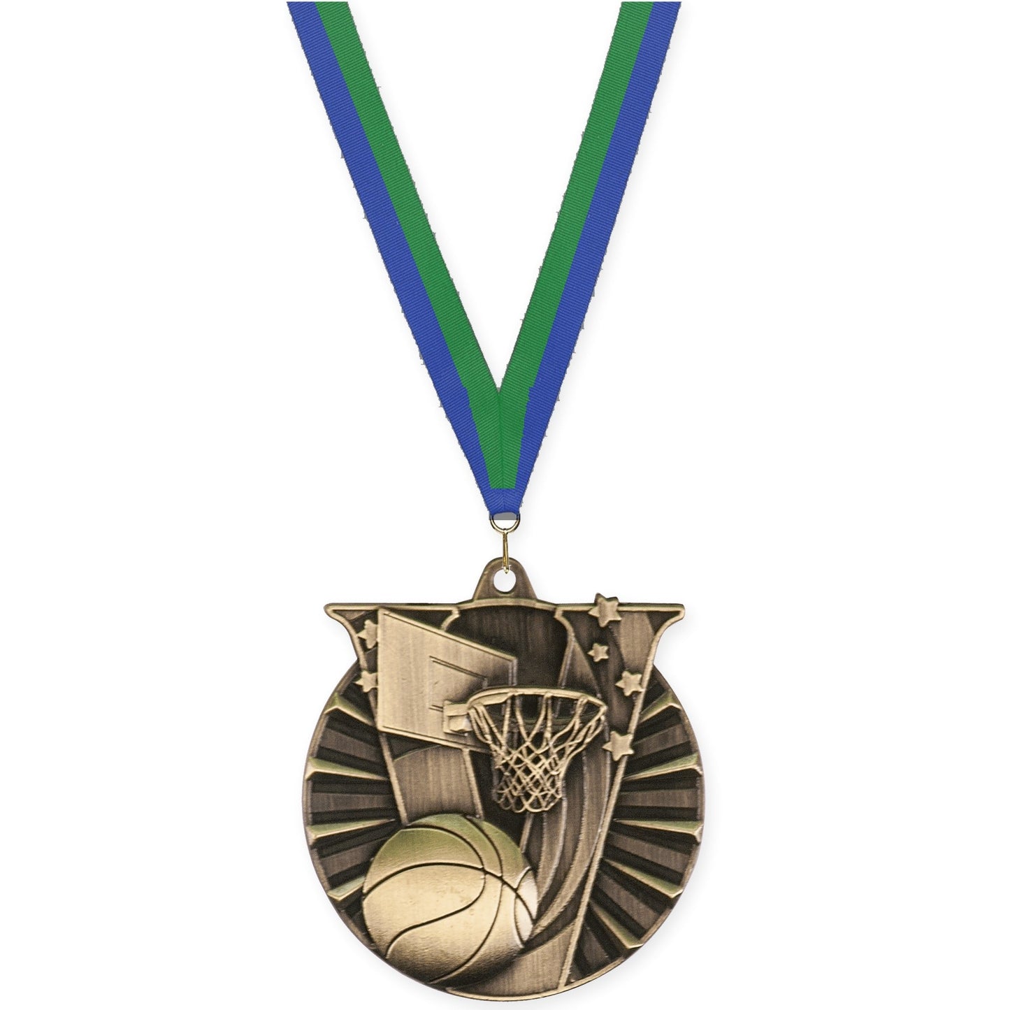 2 inch basketball Victory medal in antique gold with Blue Green neck ribbon
