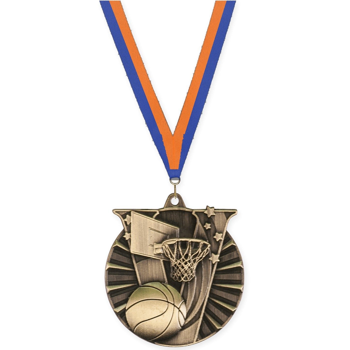 2 inch basketball Victory medal in antique gold with Blue Orange neck ribbon