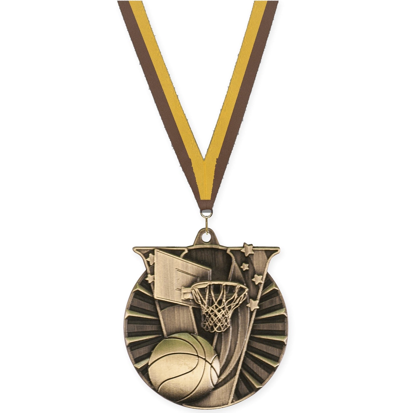 2 inch basketball Victory medal in antique gold with Brown Gold neck ribbon