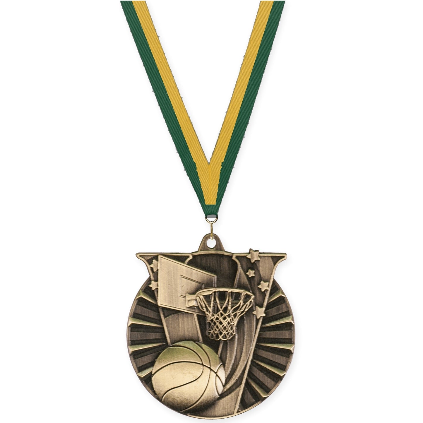 2 inch basketball Victory medal in antique gold with Hunter Green Gold neck ribbon