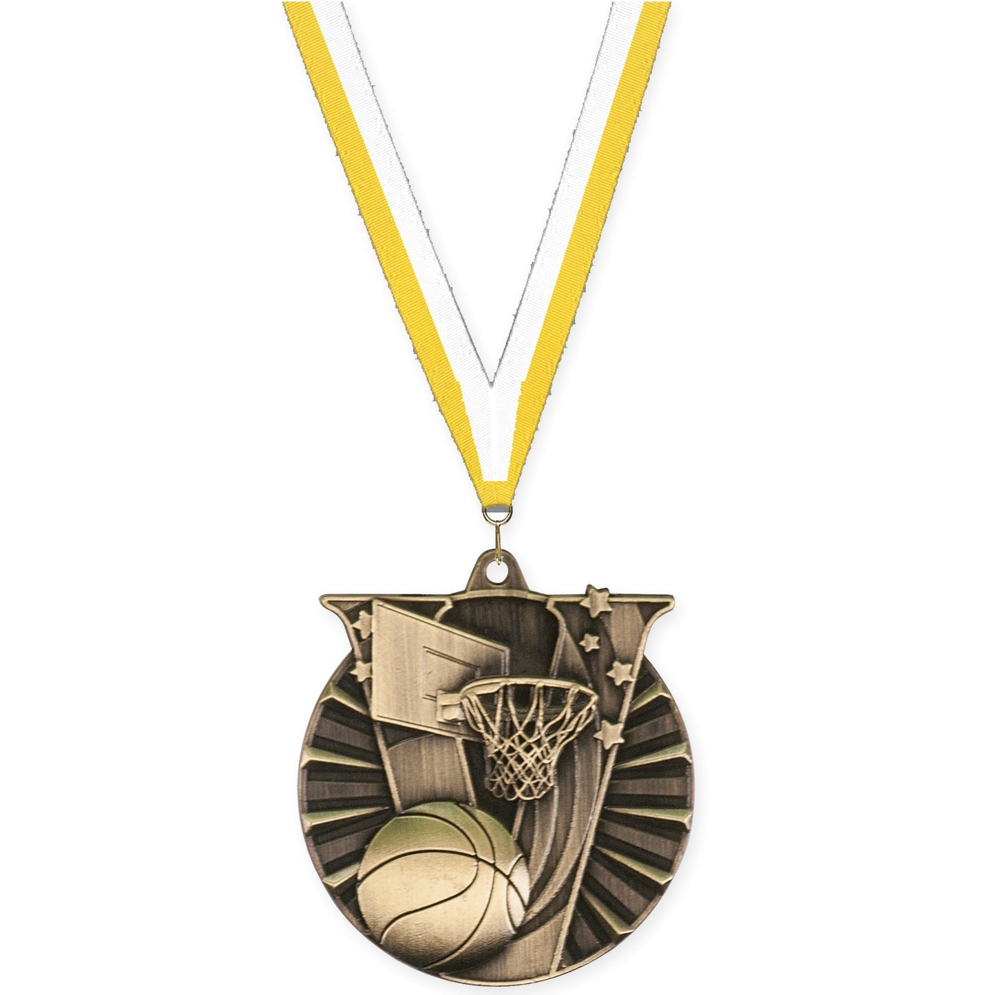 2 inch basketball Victory medal in antique gold with Yellow White neck ribbon