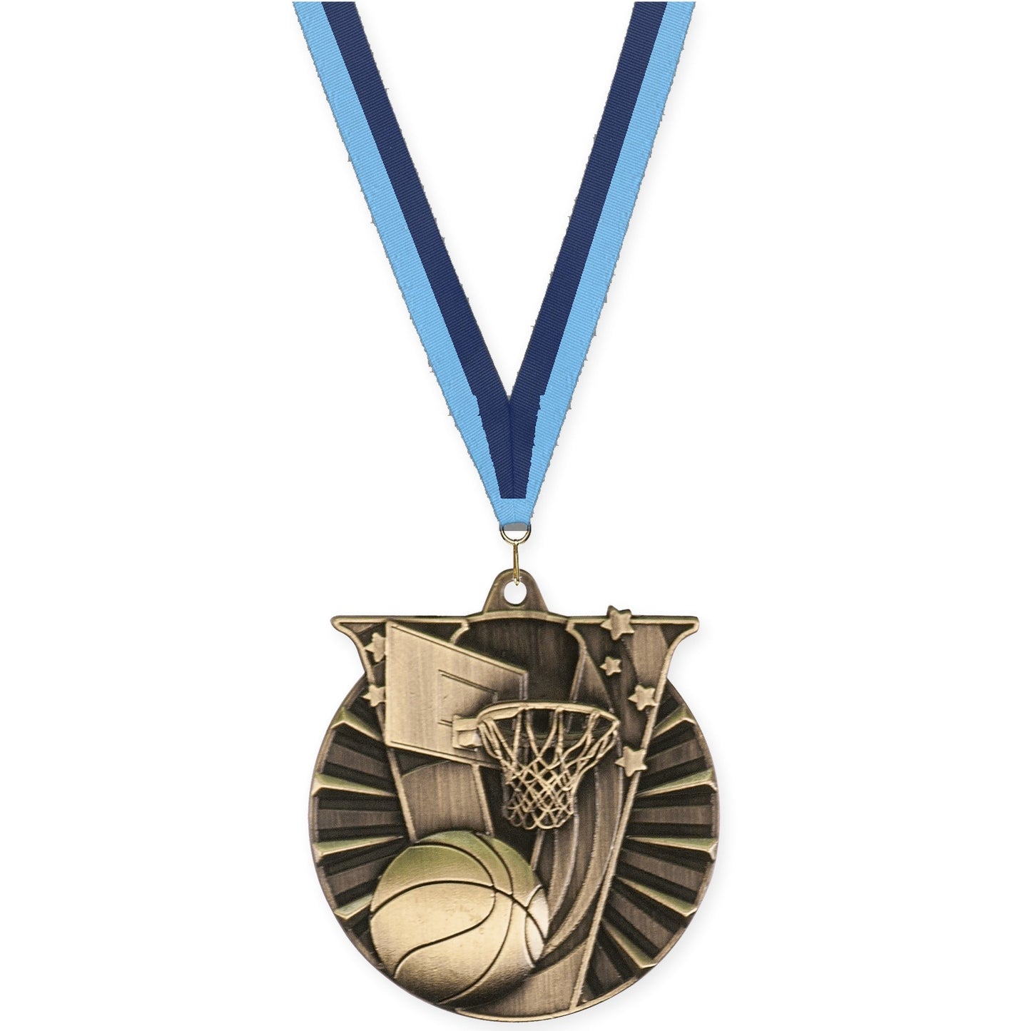 2 inch basketball Victory medal in antique gold with Light Blue Navy neck ribbon