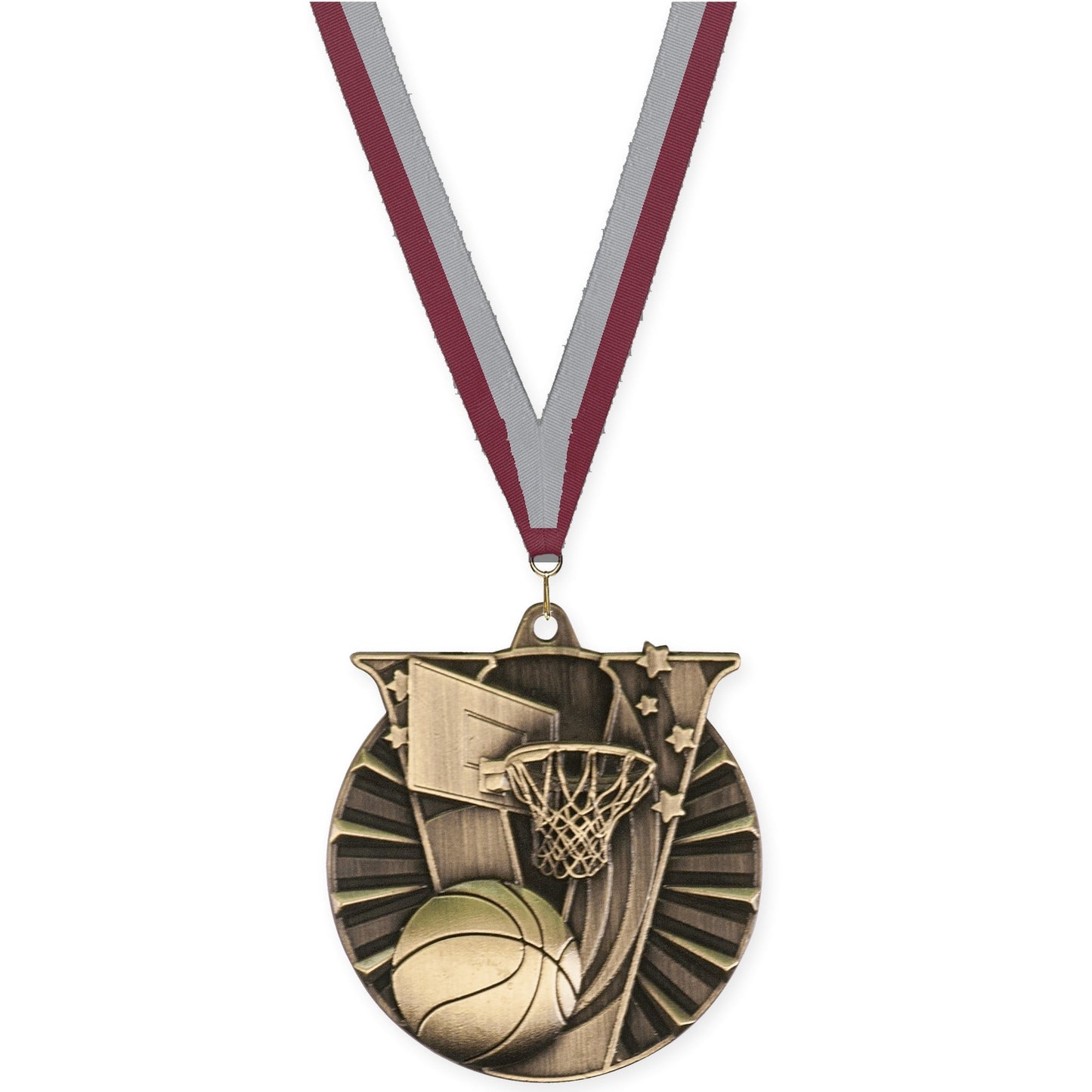 2 inch basketball Victory medal in antique gold with Maroon Gray neck ribbon