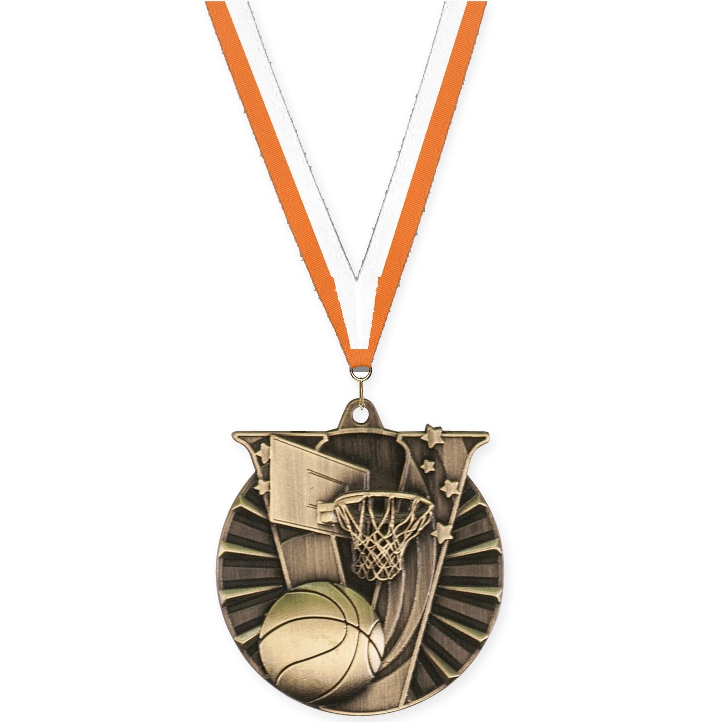 2 inch basketball Victory medal in antique gold with Orange White neck ribbon