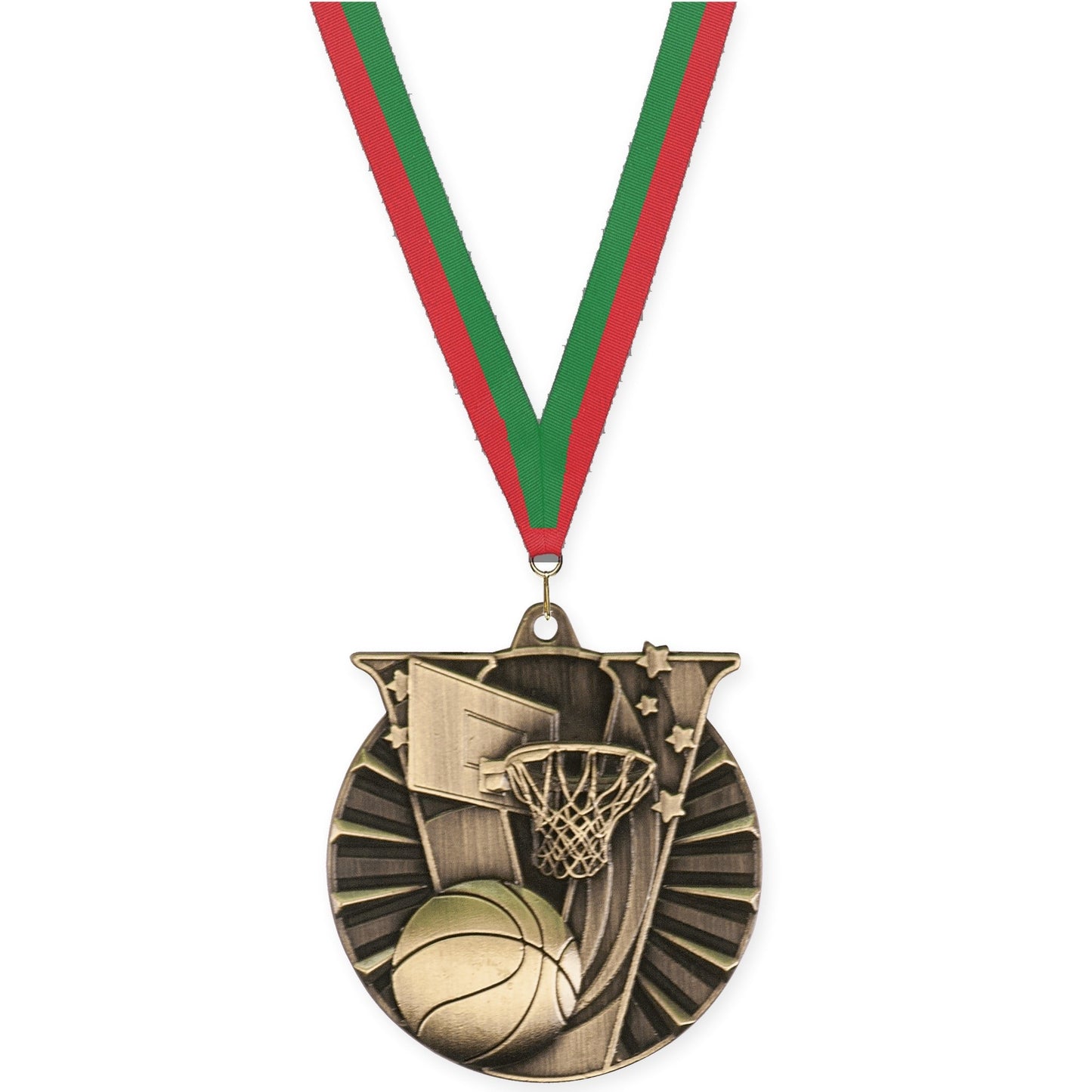 2 inch basketball Victory medal in antique gold with Red Green neck ribbon