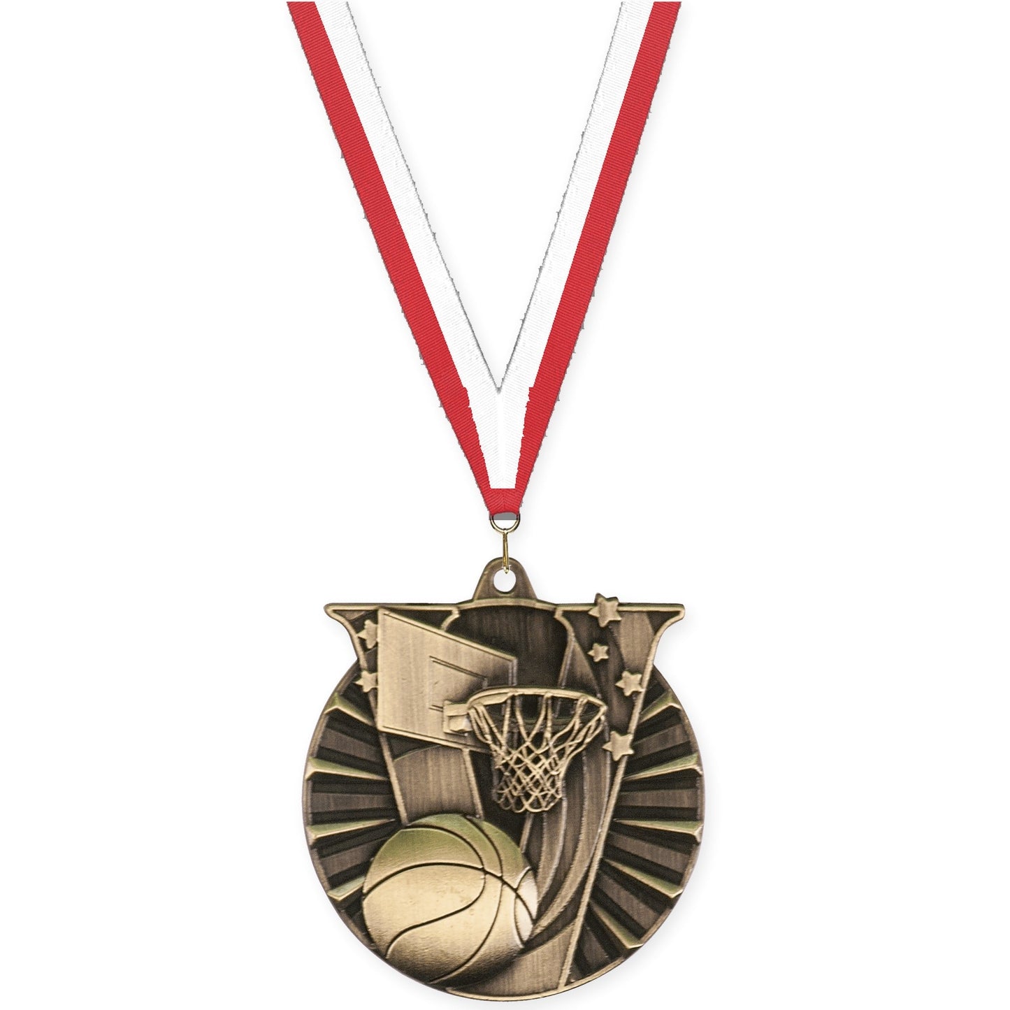2 inch basketball Victory medal in antique gold with Red White neck ribbon