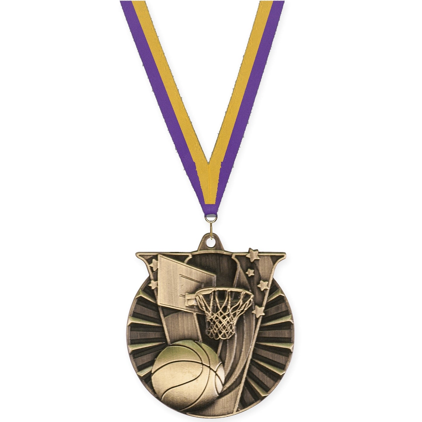 2 inch basketball Victory medal in antique gold with Purple Gold neck ribbon