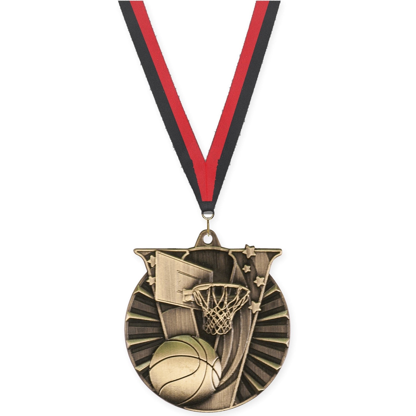 2 inch basketball Victory medal in antique gold with Black Red neck ribbon