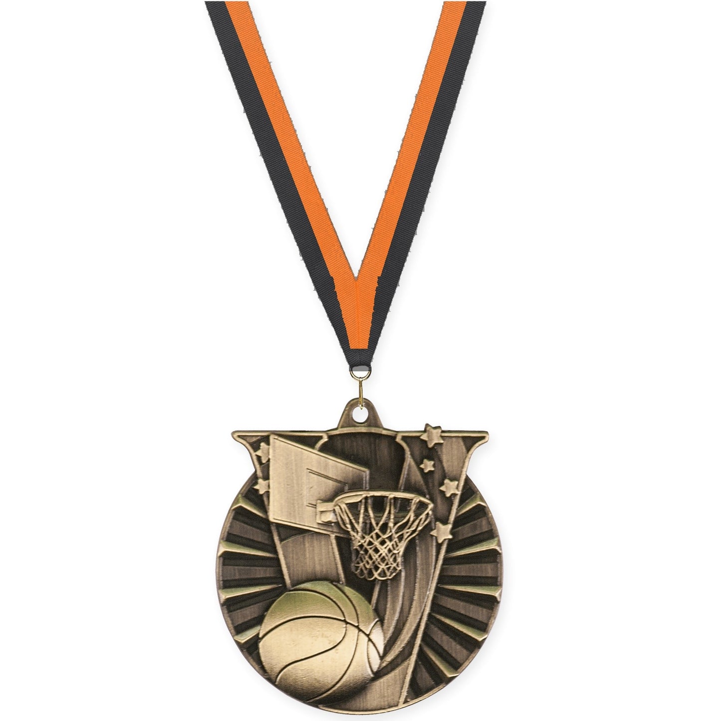 2 inch basketball Victory medal in antique gold with Black Orange neck ribbon