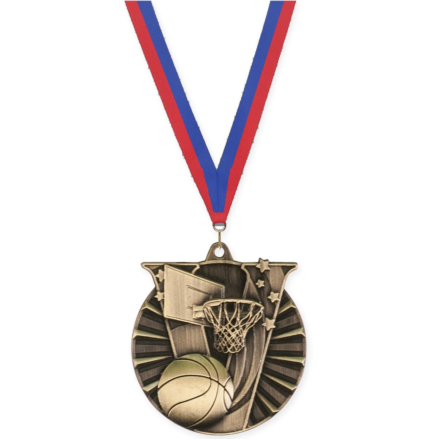 2 inch basketball Victory medal in antique gold with Blue Red neck ribbon
