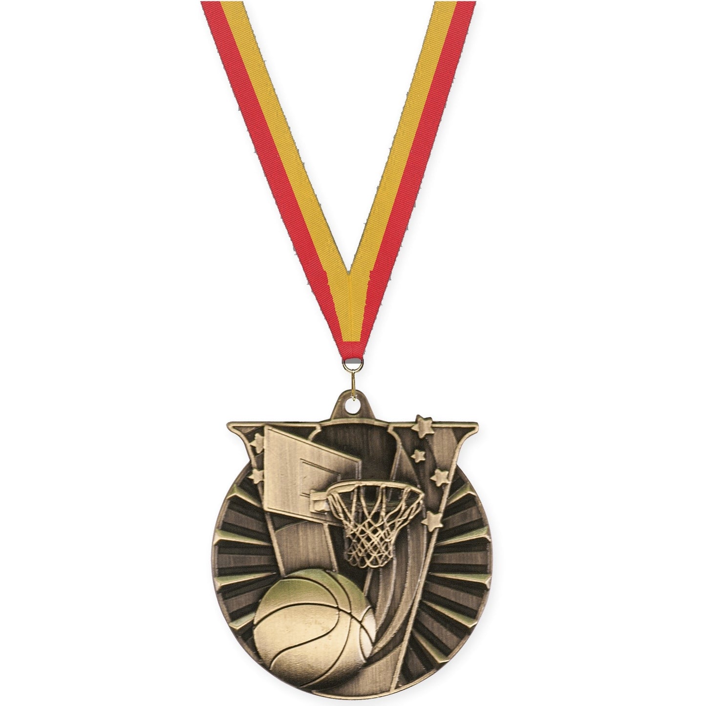2 inch basketball Victory medal in antique gold with Red Gold neck ribbon