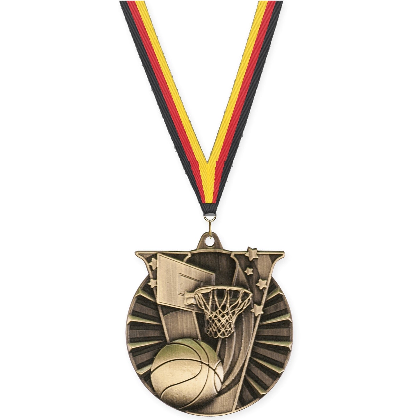 2 inch basketball Victory medal in antique gold with Black Red Yellow neck ribbon