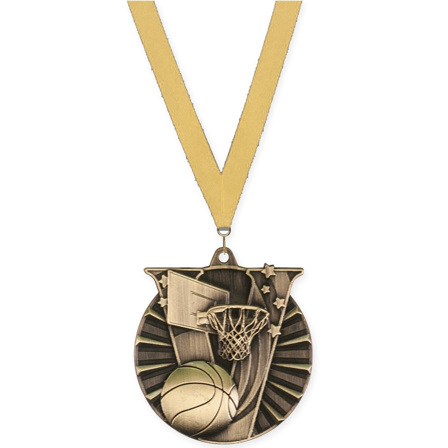 2 inch basketball Victory medal in antique gold with Gold Metallic neck ribbon