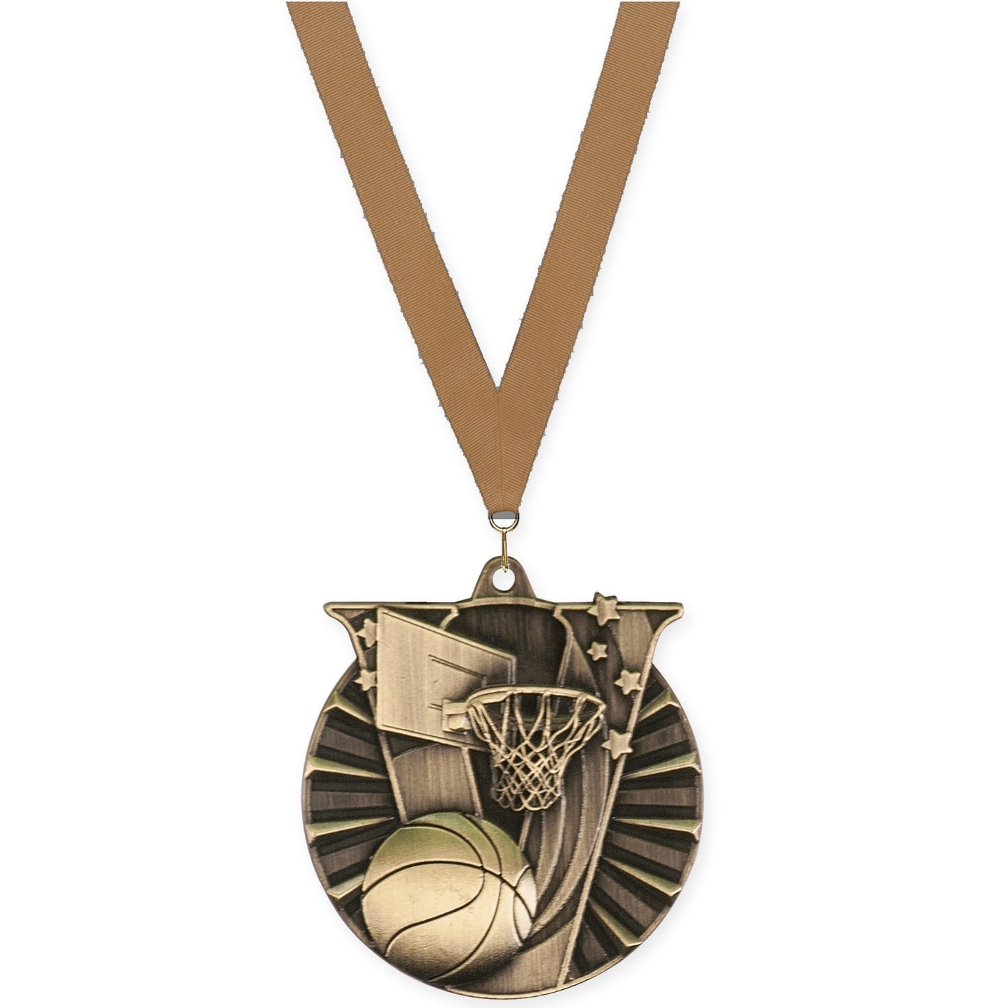 2 inch basketball Victory medal in antique gold with Bronze Metallic neck ribbon