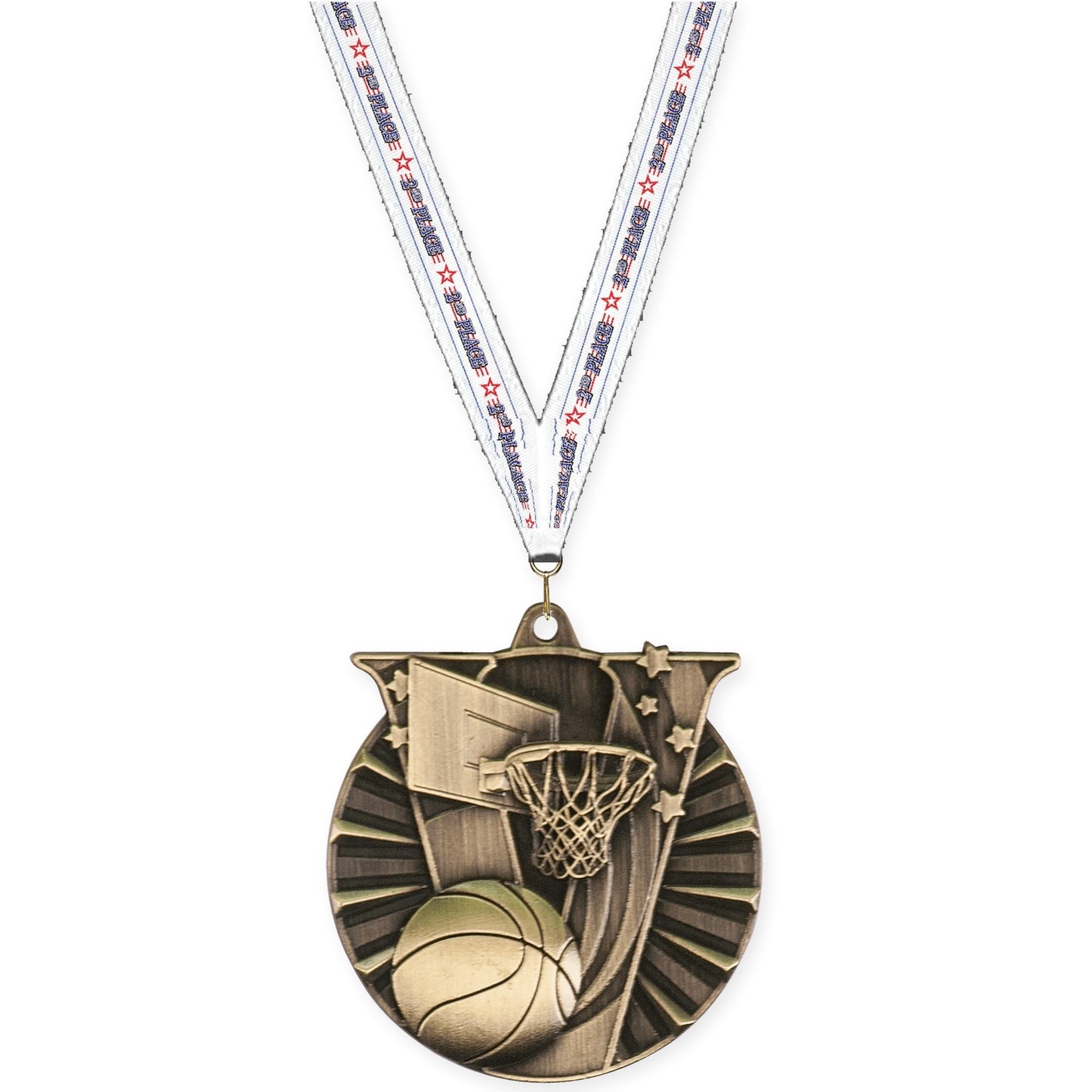 2 inch basketball Victory medal in antique gold with 2nd Place neck ribbon