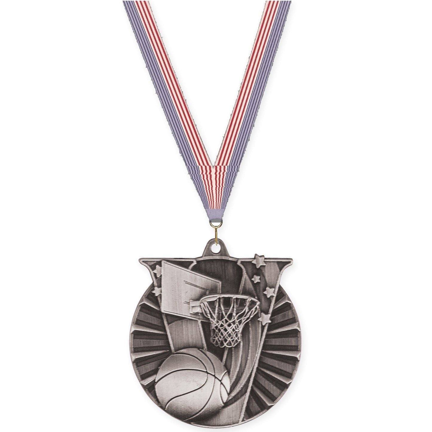 2 inch basketball Victory medal in antique silver with USA Flag neck ribbon