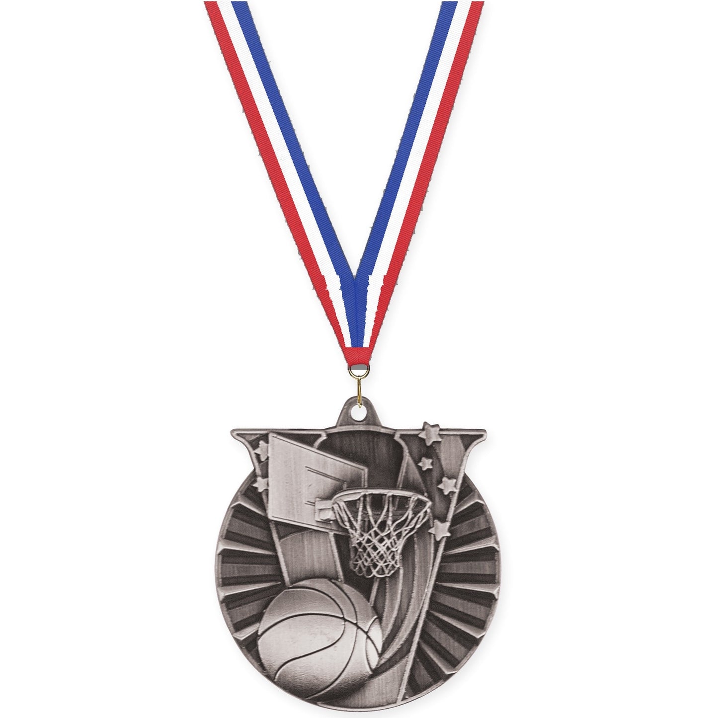 2 inch basketball Victory medal in antique silver with Red White Blue neck ribbon