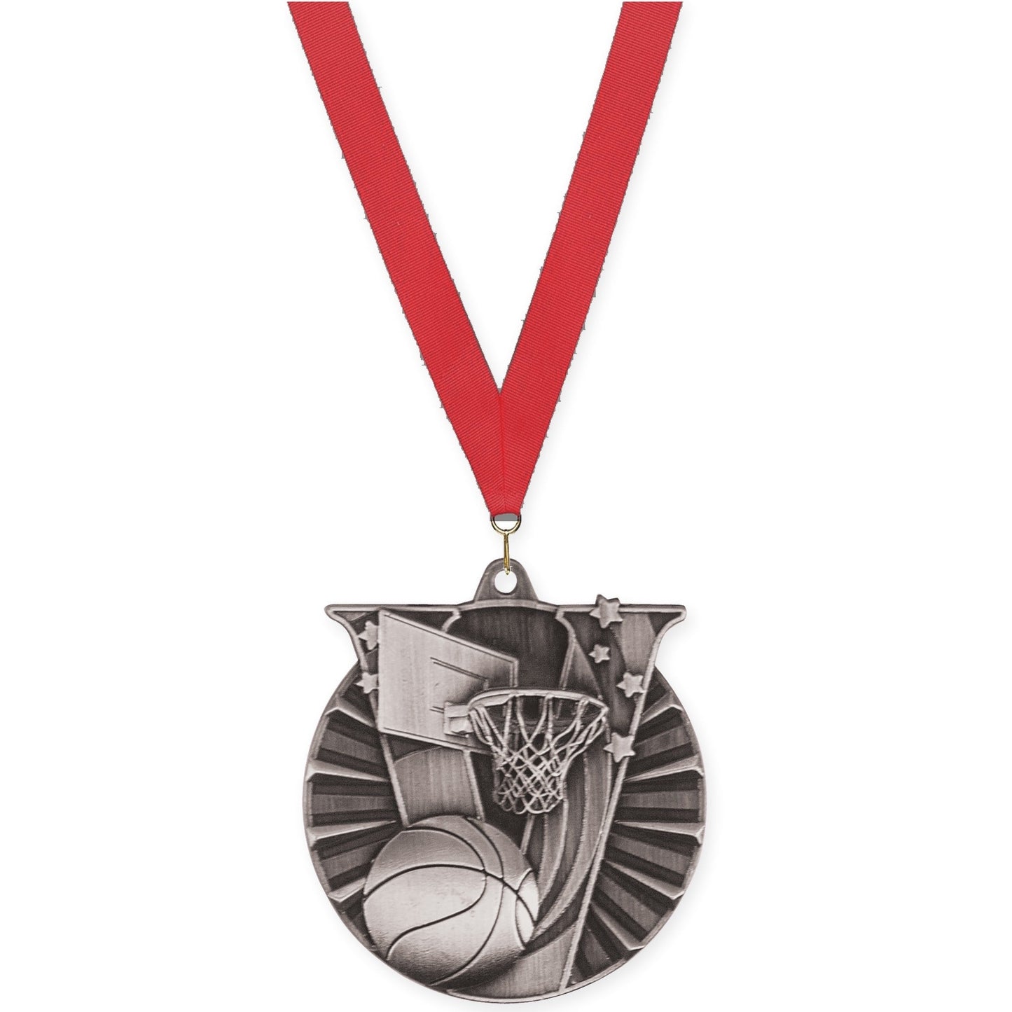 2 inch basketball Victory medal in antique silver with Red neck ribbon